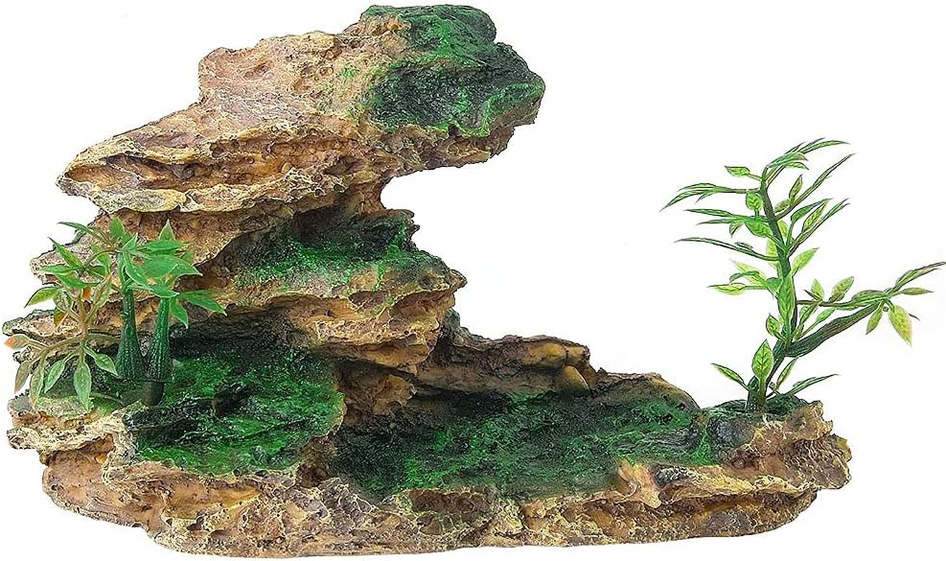 Ibwell Aquarium Ornament Rock Cave Landscape Artificial Mountain View Stone with Moss Tree Fish Tank Decoration (#Hill A)