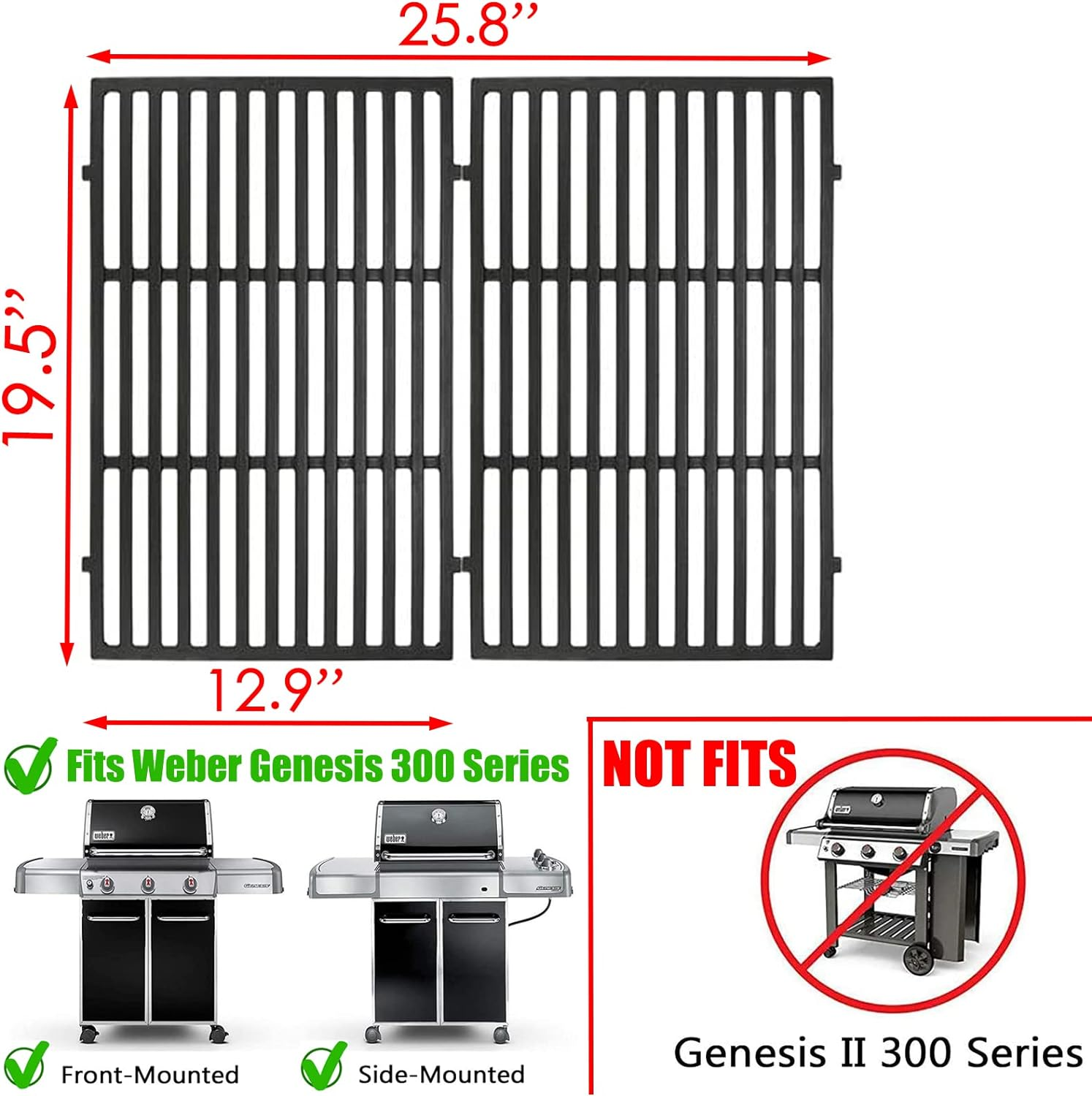 7524 Genesis 300 Series Grates Replacement Parts for Weber Grill Grates Genesis E-310 E-320 E-330 S-310 S-320 S-330 EP-310 EP-320 EP-330 Weber Genesis Grill Parts 2 PCS Cast Iron Grid 19.5 X 25.8 Inch image number 3