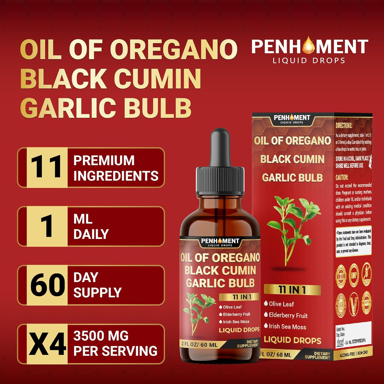 PENHOMENT 11In1 Organic Oregano Oil Drops with Black Seed Liquid, Garlic, Vitamin D3 & K2, Olive Leaf, Elderberry, Sea Moss, Ashwagandha & Ginger - Immune Support - 2 Fl Oz - 60 Days image number 4