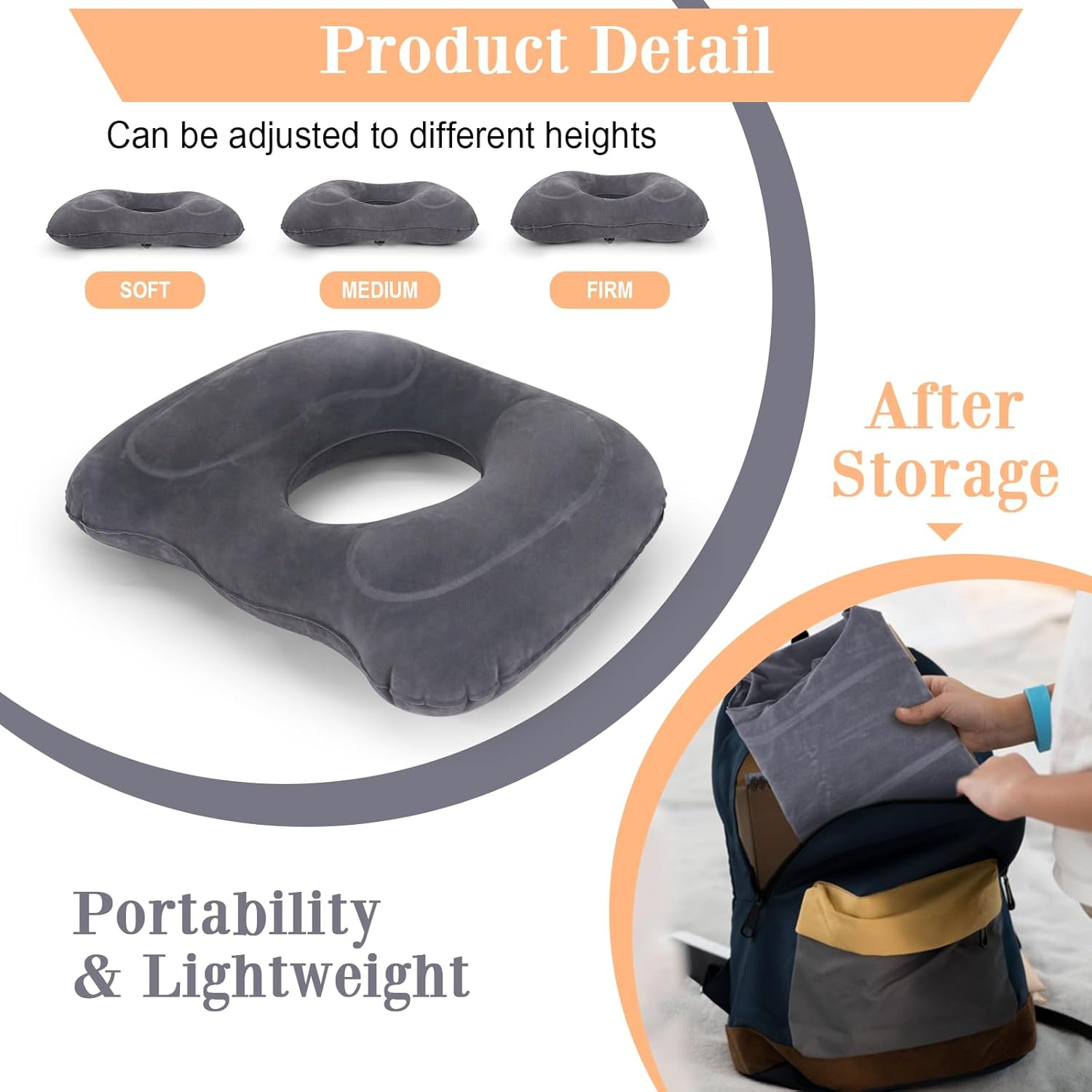 Airswim Inflatable Hemorrhoid Pillows, Donut Pillow for Tailbone Pain, Adjustable Inflatable Seat Cushion for Bed Sores, Postpartum Pregnancy, Car Seat, Airplane, 17.7'' X 15.4'' X 4.3''(Grey) image number 2