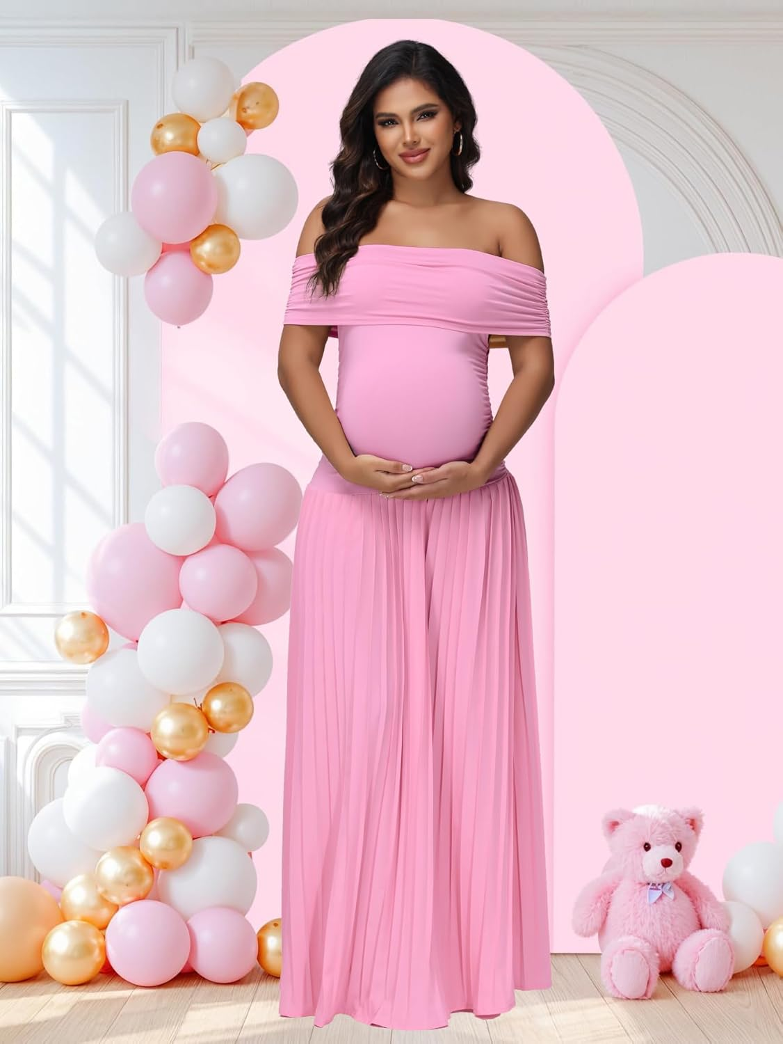 Justvh Women'S Maternity off Shoulder Baby Shower Dress Party Paneled Ruched Hem Maxi Photography Gown for Photoshoot image number 2