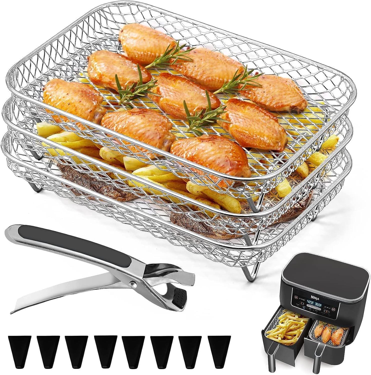 Air Fryer Rack for Ninja Air,3 Layers Stainless Steel Air Fryer Shelf Stackable Dehydrator Racks with Clip and Silicone Feet Air Fryer Accessories for Dual Air Fryer, Oven (Rectangular)