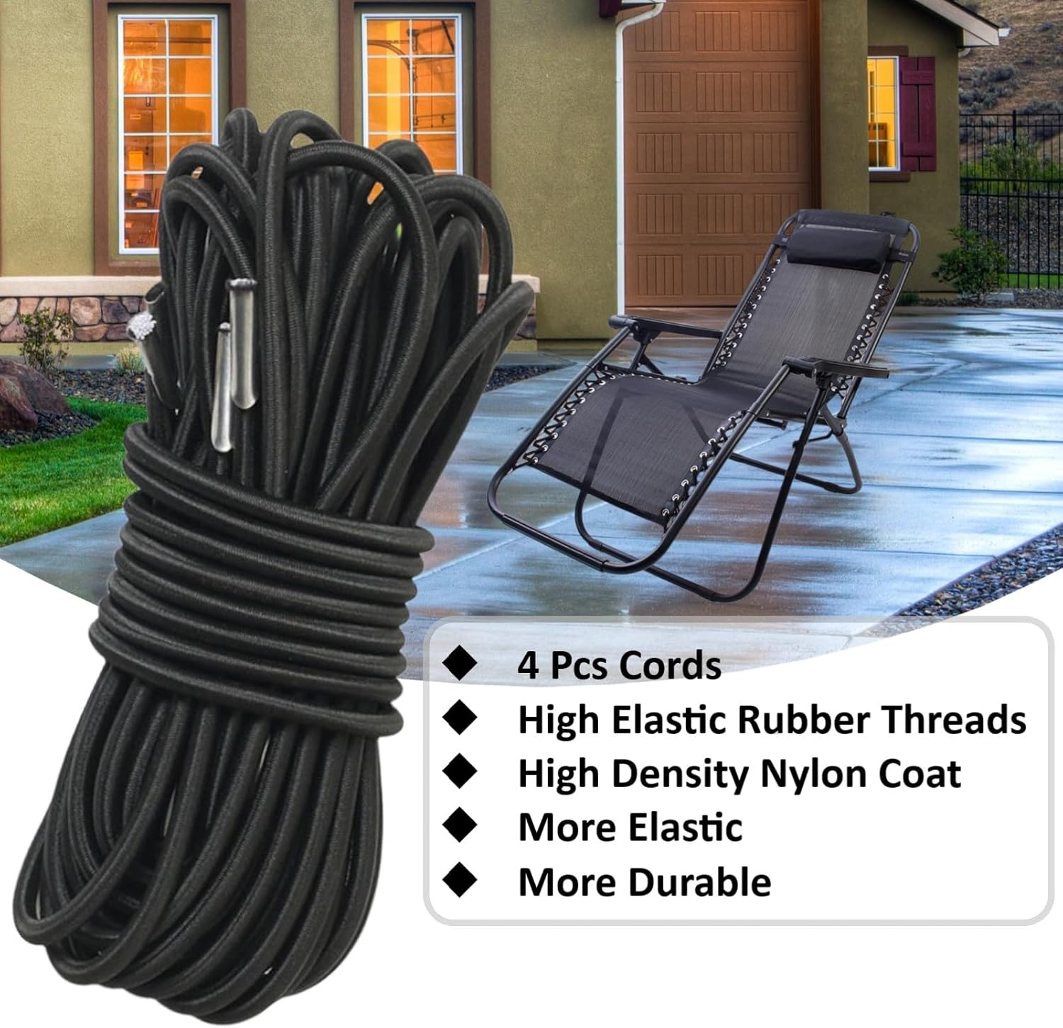 Zero Gravity Chair Cord Replacement, 4 Pack, Elastic Cord for Antigravity Chair, Patio Recliner Chair, Lawn Bungee Chair, Beach Chair, Lounge Chair, Outdoor String Chair, Nylon Stretch String Cord image number 3