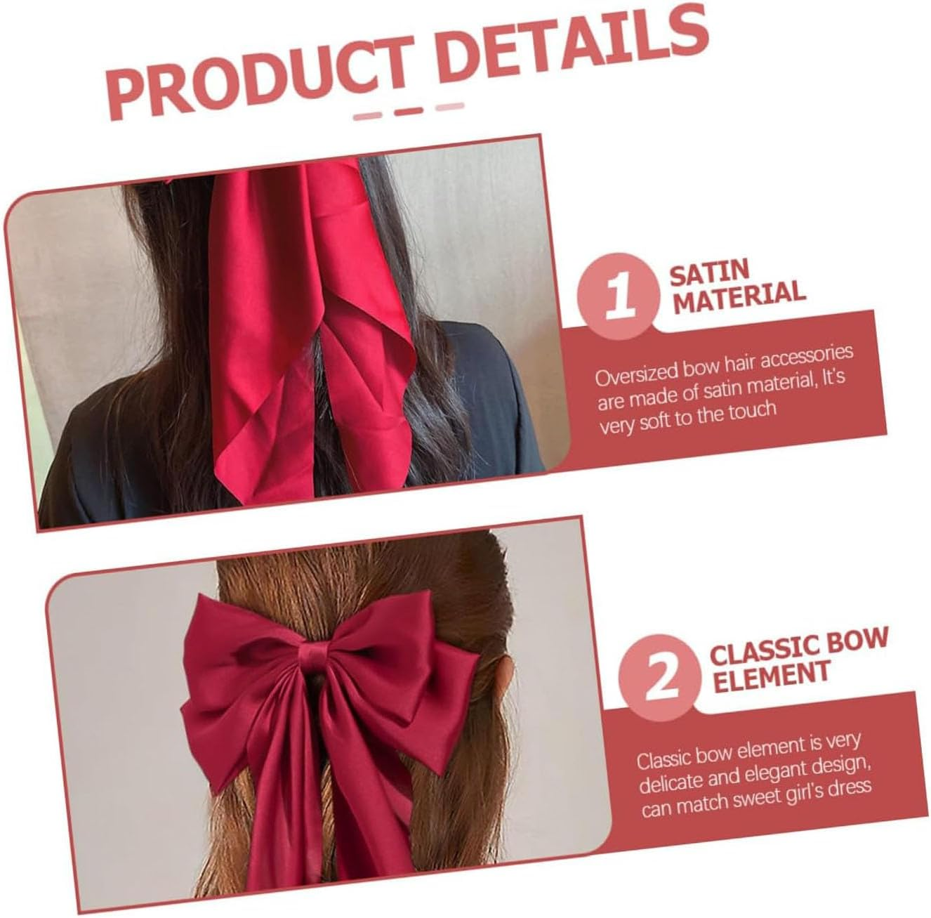 2Pcs Bows Long Ribbon Hair Clips for Women and Girls, Elegant Barrettes with Black and Wine Red Ribbons, All-Day Hold Hair Accessories for Daily Wear image number 5