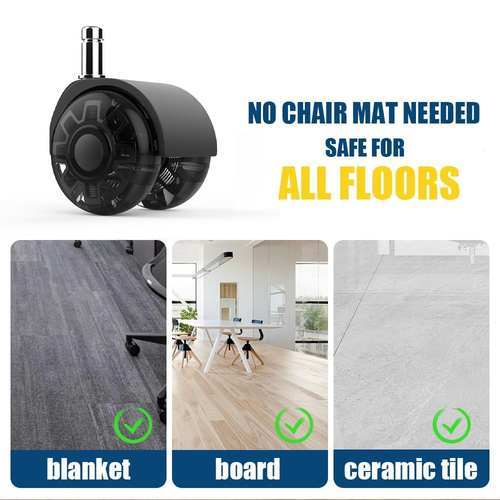 Office Chair Wheels Casters-Protection for Hardwood Floors and Carpet, Heavy Duty Silent Computer Chair Wheels with Standard Stem 7/16&Prime;* 7/8&Prime;(11Mm*22Mm),Office Furniture Casters Set of 5(Black) - Black image number 5