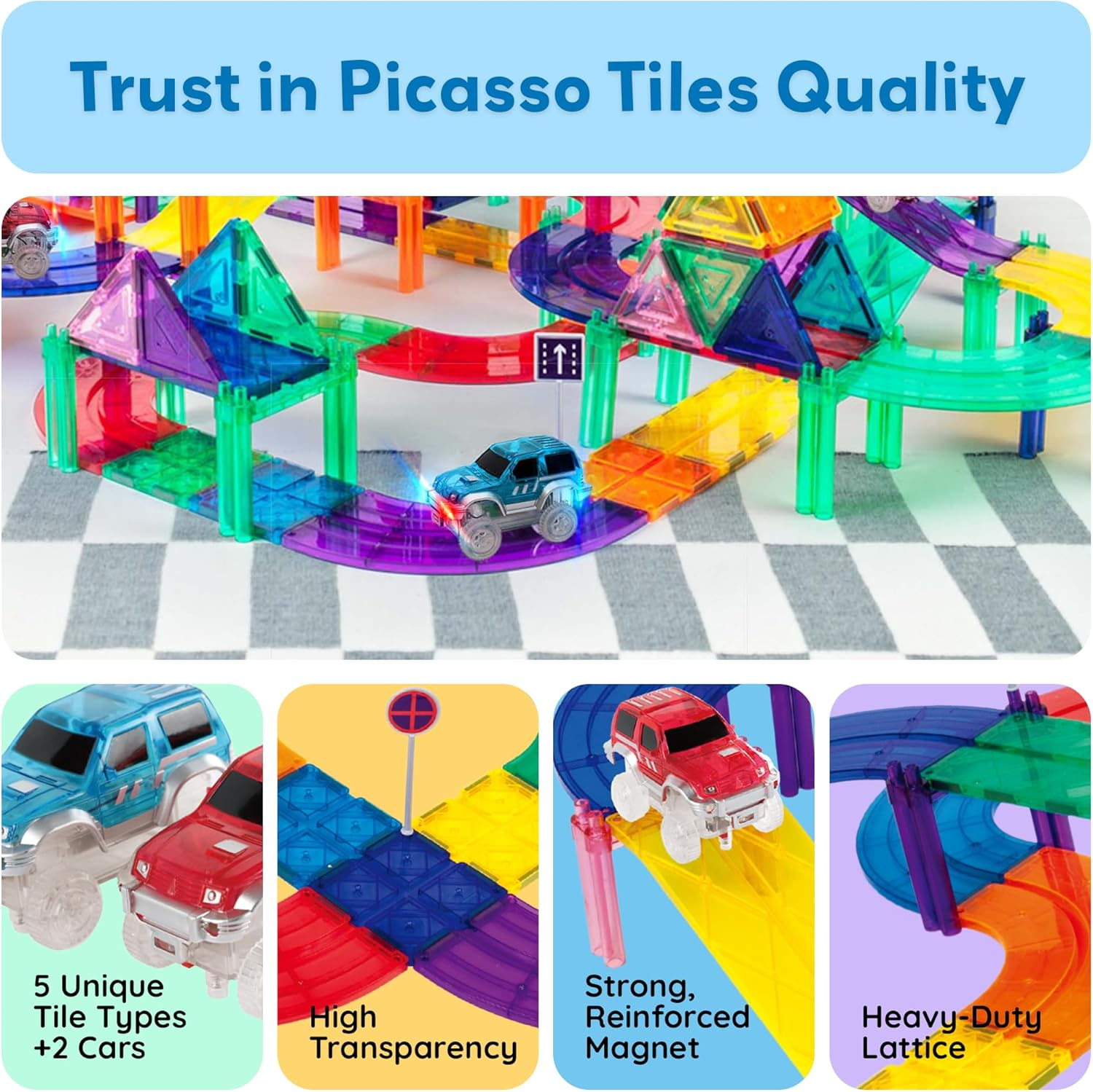 Picassotiles 50 Piece Race Car Track Building Block Educational Toy Set Magnetic Tiles Magnet DIY Playset 2 Light up Car STEM Learning Construction Kit Hand-Eye Coordination Fine Motor Skill Training image number 6
