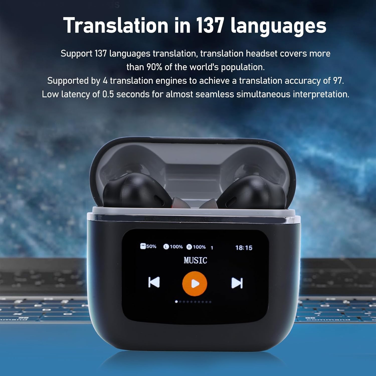 Bewinner Wireless Language Translator Earbuds with Bluetooth & IPX6 Water Resistant - 137 Languages Color Screen 3 Modes Travel Device (Black) image number 4