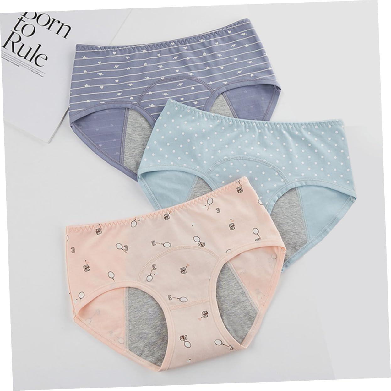 SHERCHPRY 3Pcs Heavy Overnight Period Underwear Women Mid-Waist Sanitary Pants Leak and Absorbent Shrimp Lake Blue Gray Blue image number 6