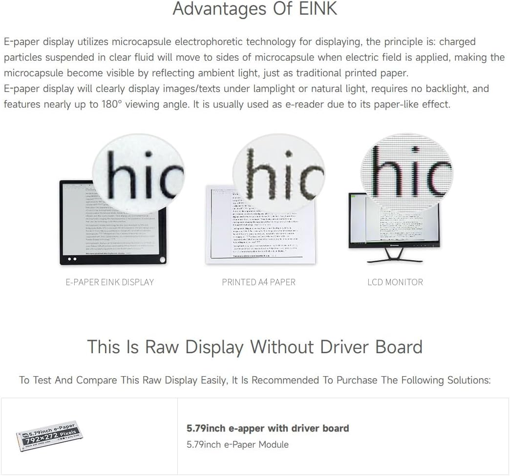 Waveshare 5.79Inch E-Paper Raw Display, Compatible with Raspberry Pi, E-Ink Display, 792X272, Black/White, SPI Communication, without Driver Board image number 6