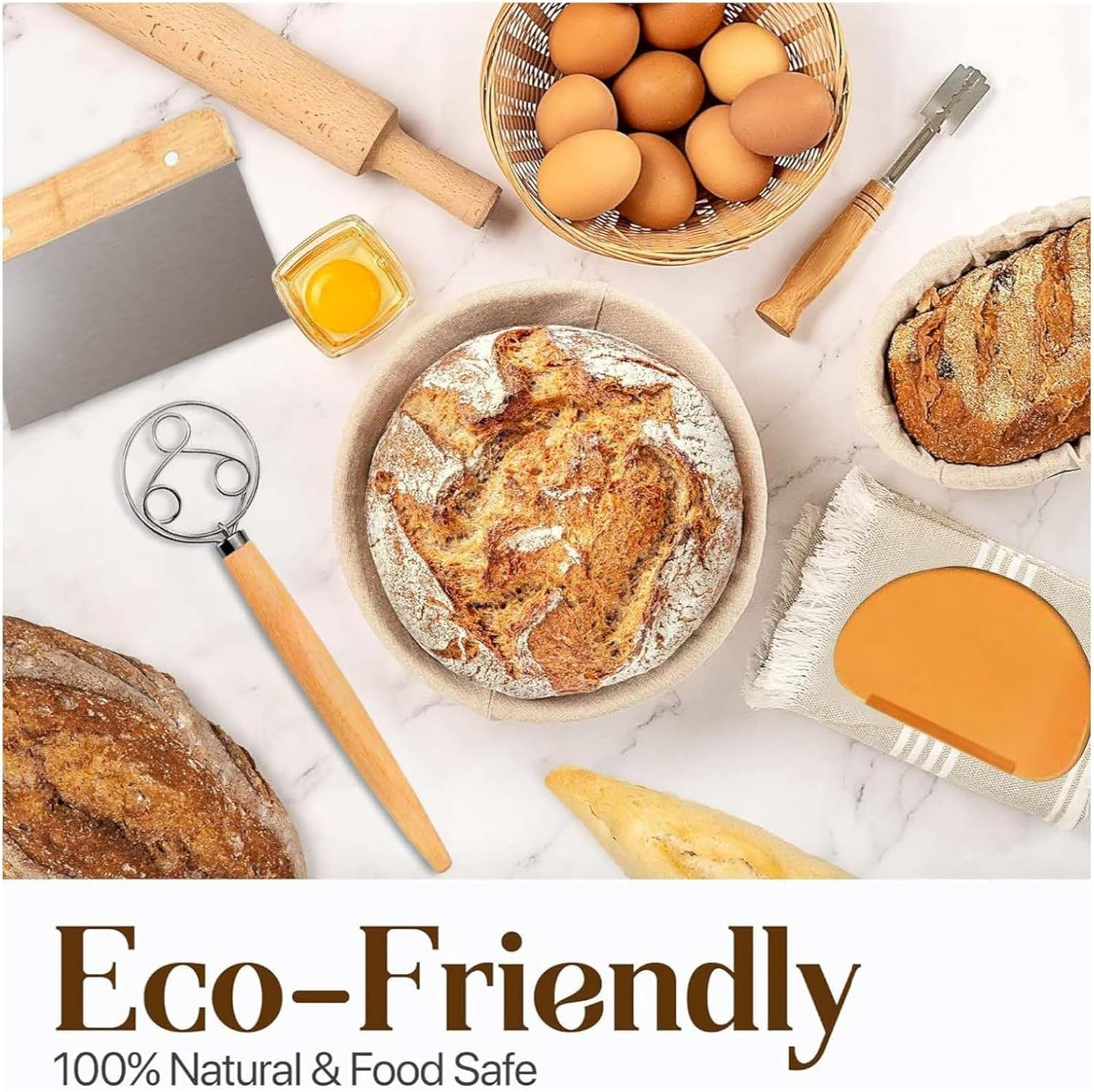 Kinconnyen Bread Banneton Proofing Basket Set,Round and Oval Bread Proofing Baskets,Danish Dough Whisk, Dough Scraper, Bread Bag and Brush,Sourdough Bread Baking Supplies. image number 1