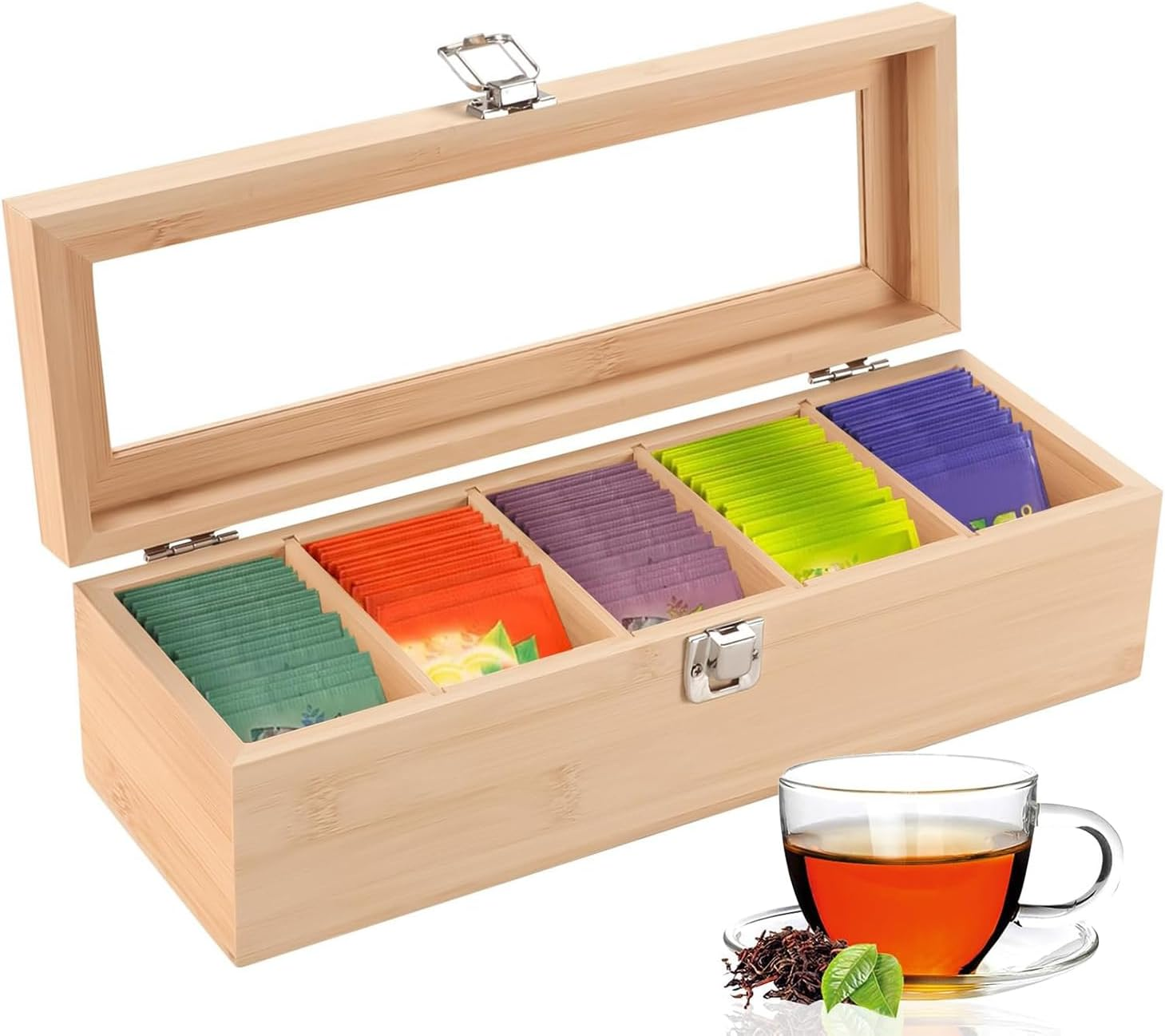 Tea Bag Organiser,Bamboo Tea Box,5 Compartments Tea Organiser,Tea Organiser Box with Clear Window,Tea Storage Containers, Tea Container for Tea Bags Coffee Spices Home image number 3