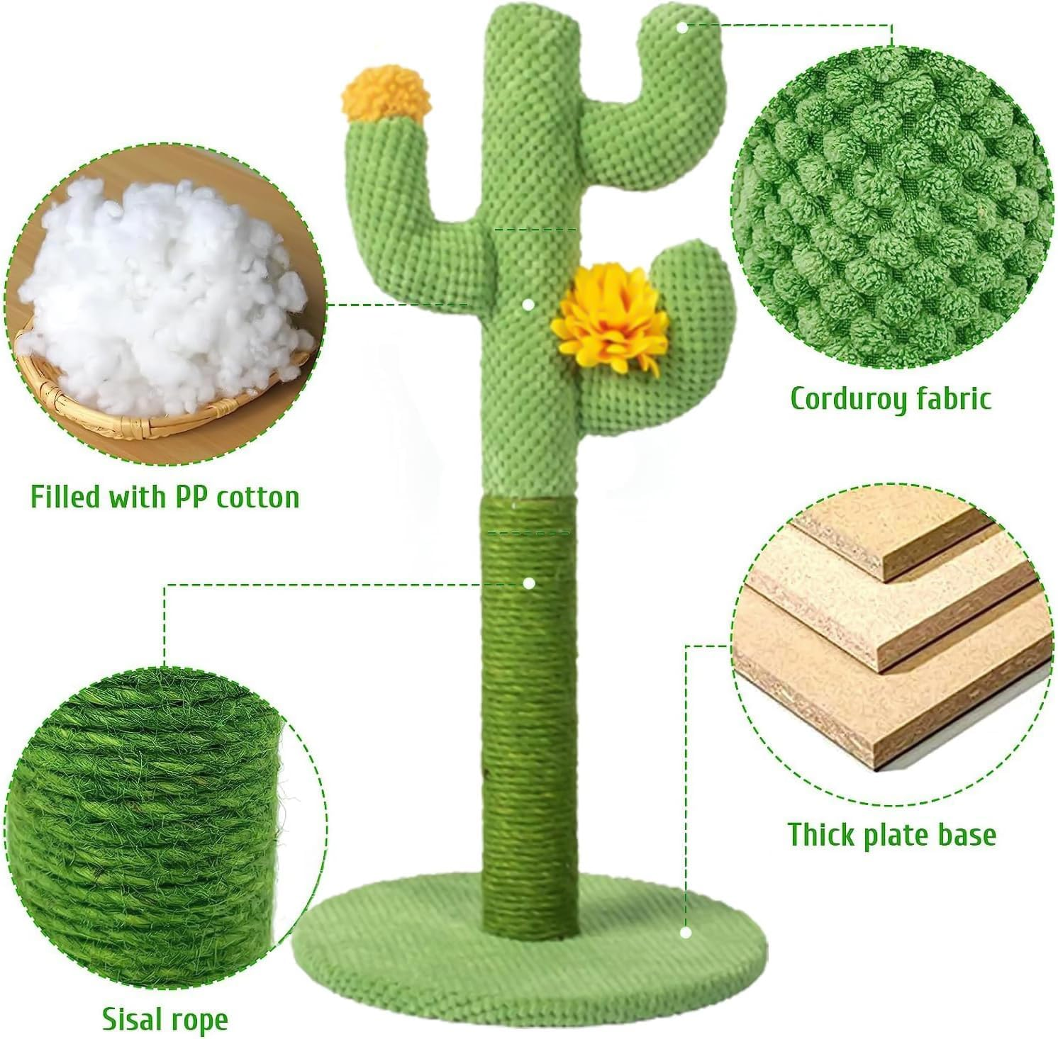 Cat Scratching Post, Trees & Towers, Cat Scratcher Tower, Cactus Cat Scratcher Kitten Scratch Post with Sisal Rope for Indoor Cats Claw Scratcher, Vertical Green Cat Tree with Dangling Ball for Kitties (Large)
