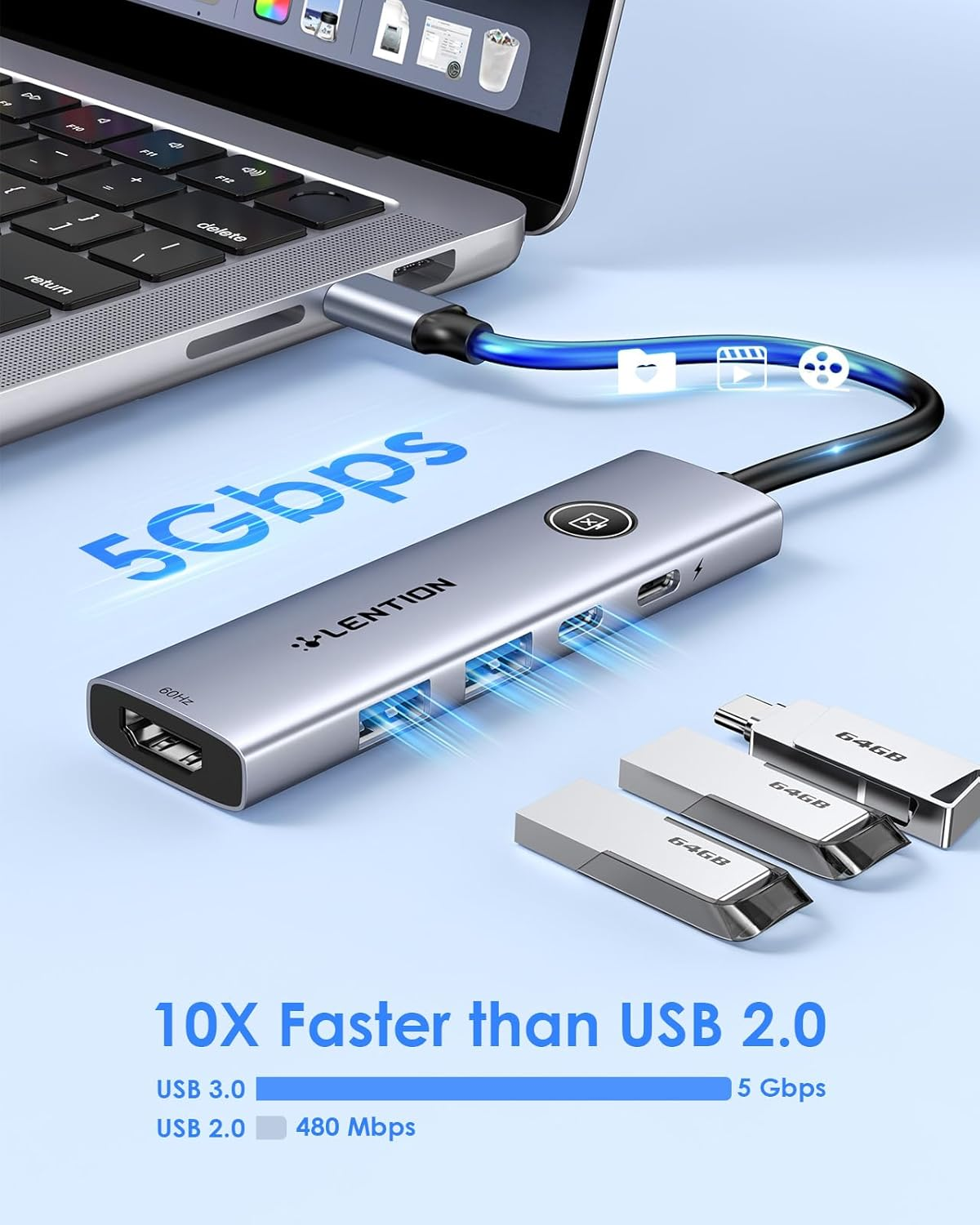 LENTION USB C Multiport Adapter, 5-In-1 USB C Hub with Type C 3.0, USB a 3.0, HDMI 4K@60Hz, 100W PD Charging, Multi-Port USB Adapter Dongle Compatible for Laptops and Other Type C Devices