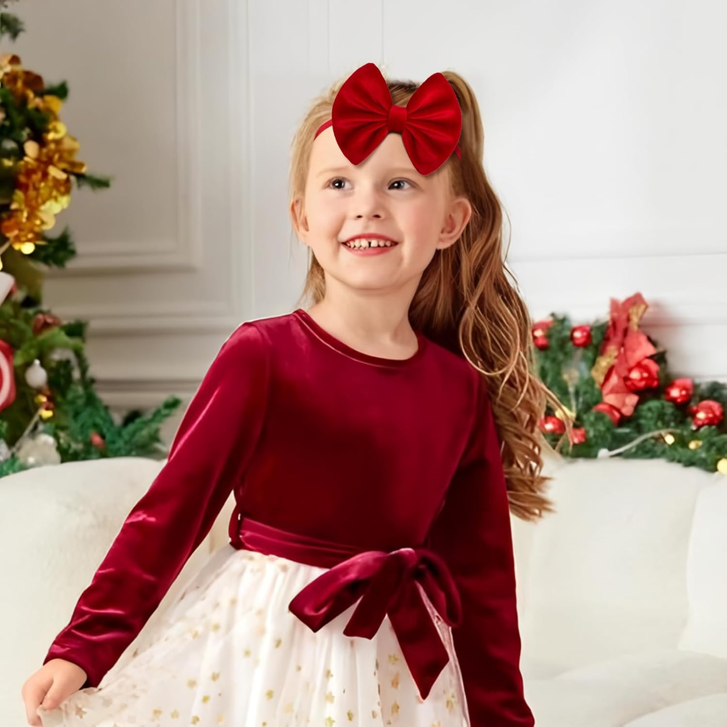 ONENINEDREAM Christmas Velvet Baby Girls Bows Elastic Nylon Headbands Red Green Handmade Christmas Newborn Bows Hairbands Infants Toddlers Hair Accessories image number 1