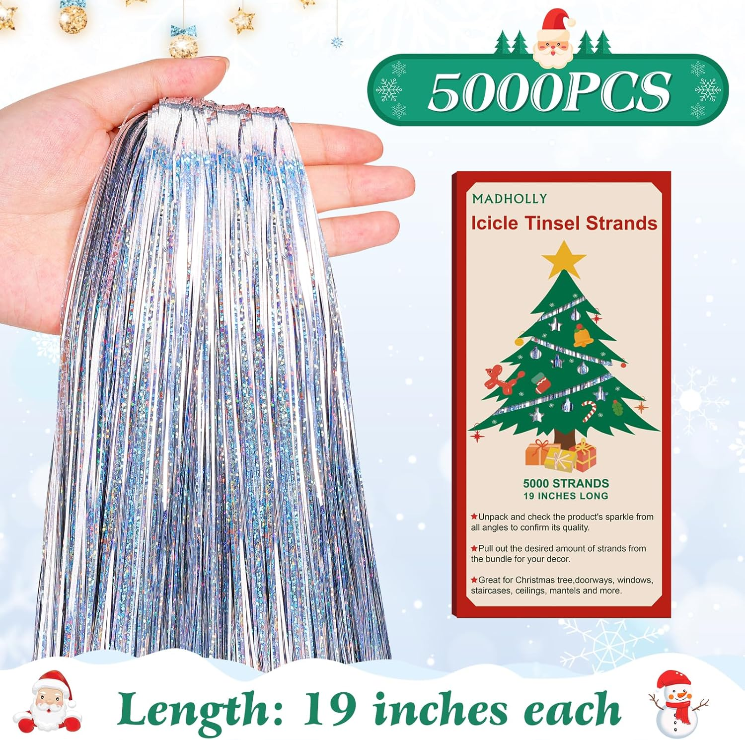 Icicles Tinsel - 5000 Strands 19" Icicle Tinsel Strands for Christmas Tree- Shiny Foil Fringes Tinsel Christmas Tree Decorations for Xmas Tree Holiday Decor Birthday Wedding Party Supplies, Iridescent - Silver image number 4