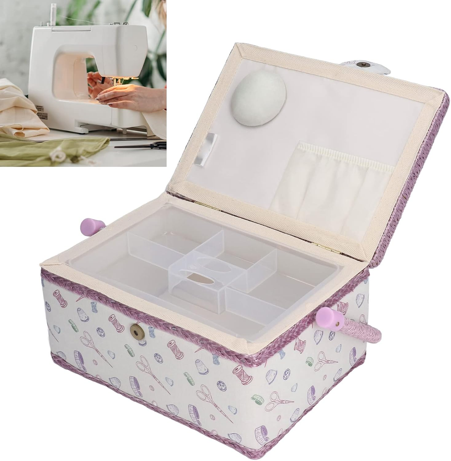 Sewing Box Organizer, Premium Material, Wide Application, Good Order, Classic Appearance, Portable Size - with Pincushion and Mini Pocket - Purple, Ideal Gift image number 2