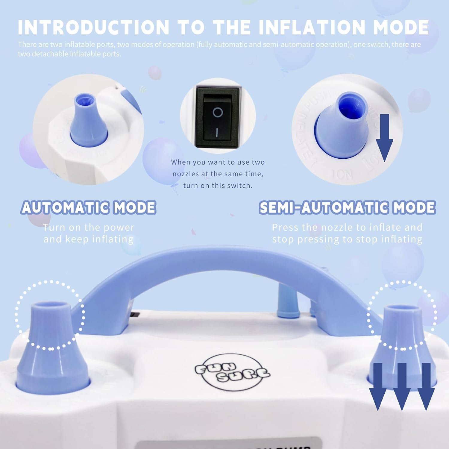 Funsure Electric Balloon Pump with 2 Nozzles - Portable, 220-240V 600W 50Hz, Au Plug - Blower for Party Decorations