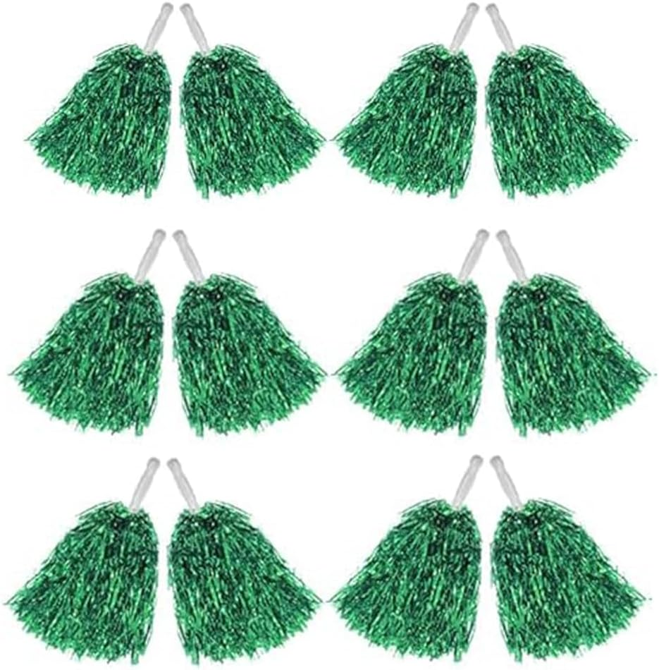 Cheerleading Pom Poms Metallic Foil Plastic 12Pcs Pom Poms with Baton Handle for Game Sports Squads Dancing Party Club Spirit Sports Stage Performance Celebration (Green)
