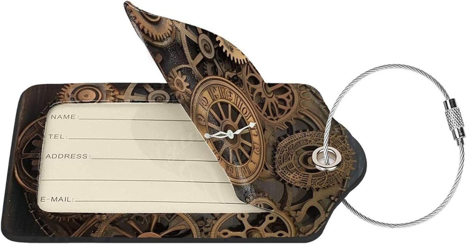 Dwrepo PU Leather Luggage Tags for Suitcases Steampunk Gears Clock Baggage Tags Travel Bag Labels Privacy Cover ID Label with Steel Loops Suitcase Tags for Women Men, 1, Black image number 3