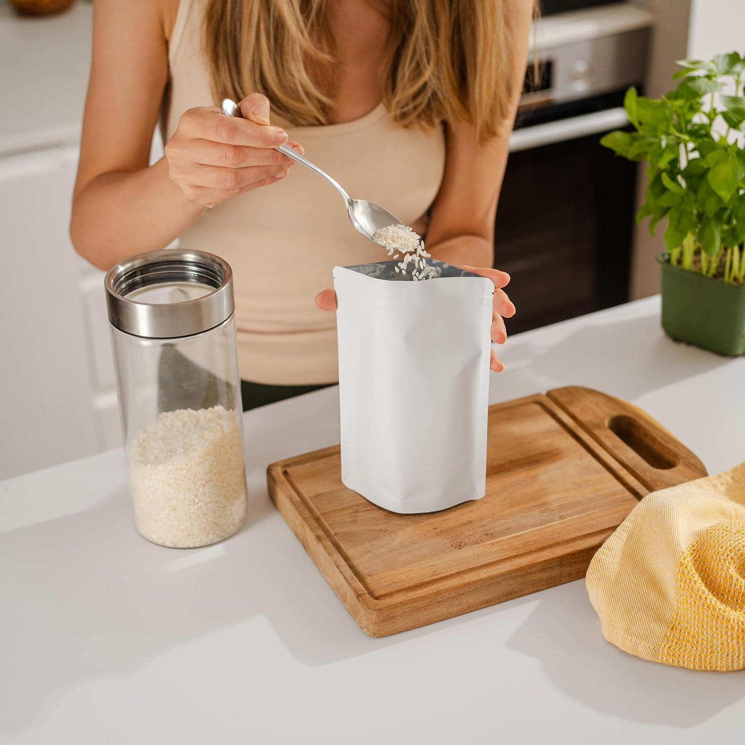 100 Pack Matte White Mylar Stand up Bags - 6.3X9.4 Inches Resealable Smell Proof Packaging Zipper Pouch, Heat Sealable Foil Sample Pouches for Food Storage image number 4