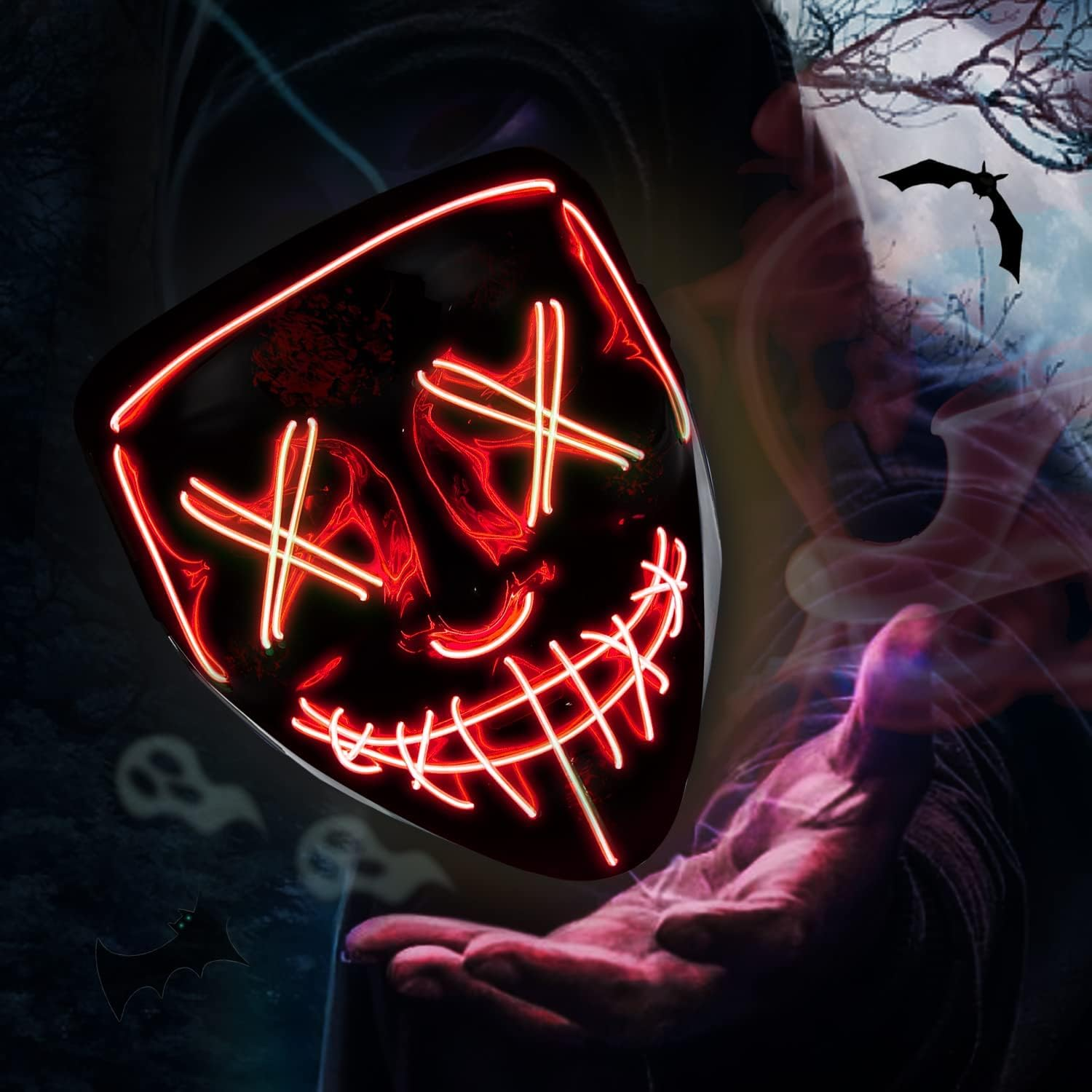 Halloween Mask LED Light up Mask Scary Grimace Mask for Halloween Festival Party Cosplay Costume Masquerade Carnival Light up Face Mask for Men Women Kids