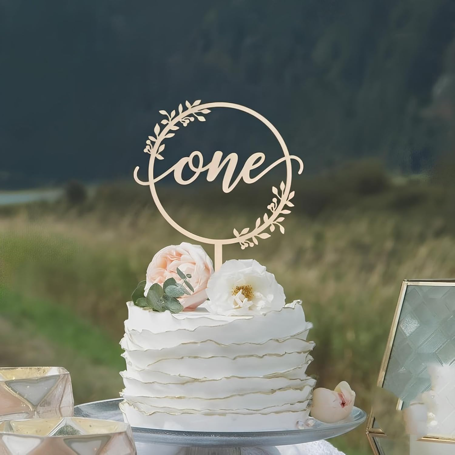 Wooden "One" Birthday Cake Decoration with Floral Garland Design - Wedding Anniversary Decoration - Suitable for Children or Adults as Birthday or Party Decoration image number 3