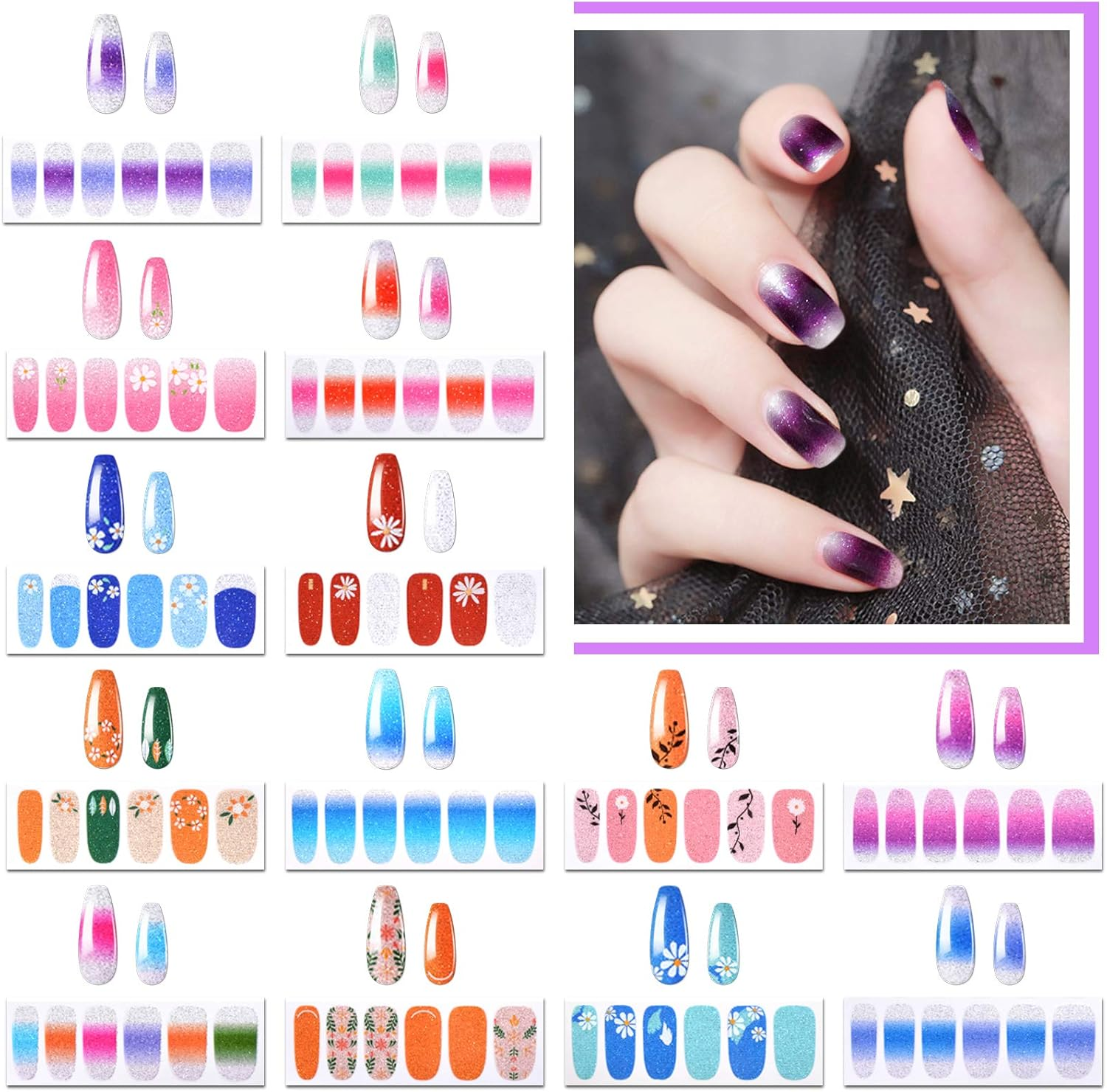 22 Sheets Full Wraps Nail Polish Stickers with Nail File, EBANKU Pure Color Shine Flower Self-Adhesive Nail Art Decals Strips Manicure Kits Nail Art Designs for Women Girls image number 6