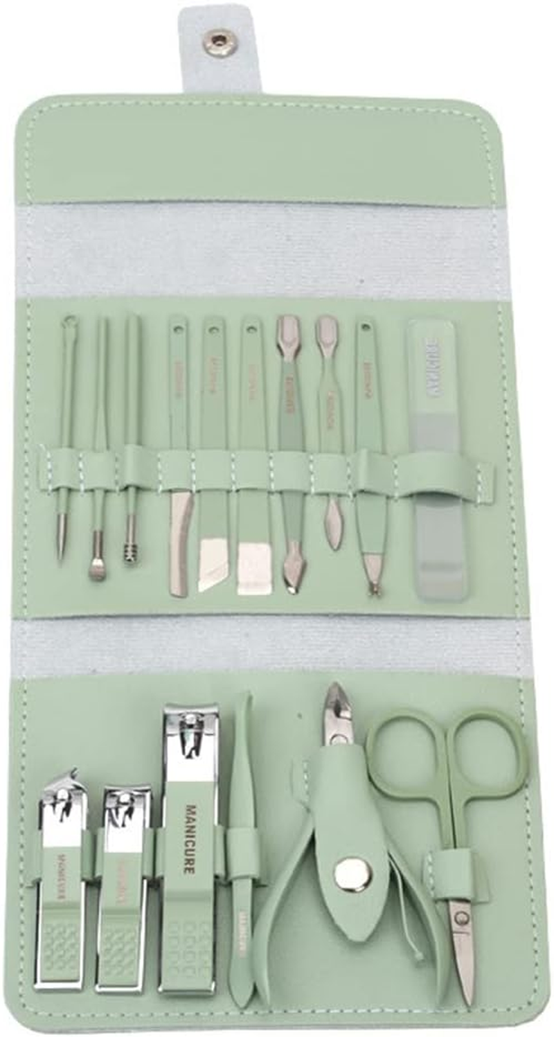 Set of 16 Manicure Pedicure Set Stainless Steel Nail Clippers Kit Portable Nail Trimming Set and Grooming Tools with Storage Bag, Green