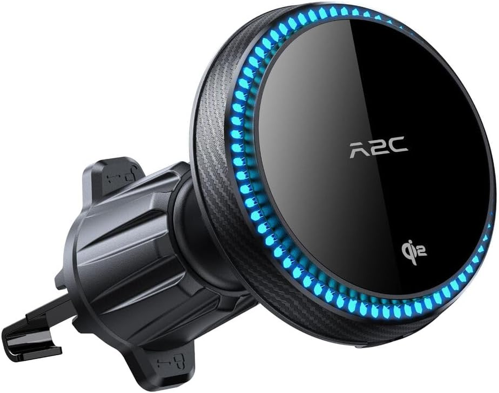 A2C Universal Qi2 Magnetic Car Mount 15W Wireless Charger [Car Plug, USB-C Cable & Metal Ring] for Iphone 17 16 15 14 13 12 Magsafe Case, Magnet Air Vent Phone Holder Cooling Charging - Black image number 4