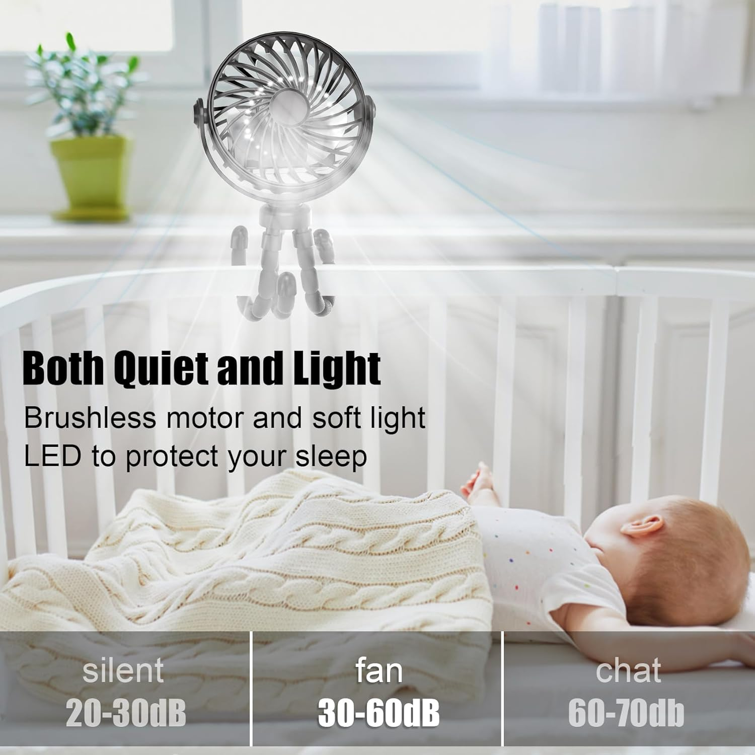 Portable Mini Handheld Stroller Fan, 2000Mah Baby Stroller Fan Car Seat Fan with Flexible Tripod, USB or Battery Powered Desk Fan for Bike Crib Treadmill Travel image number 6