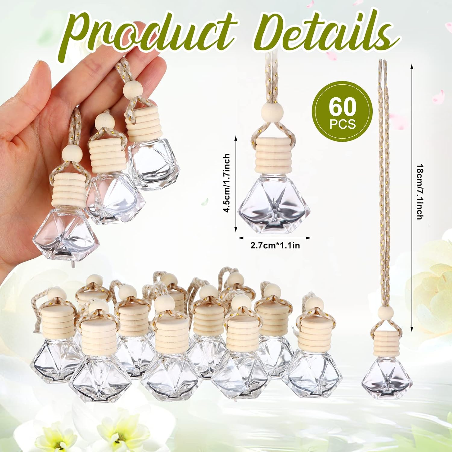 60 Pcs Hanging Car Air Freshener Car Diffuser Bottles Empty Glass Perfume Bottles Air Freshener Diffuser Bottle Pendant for Essential Oils Fragrance Aromatherapy Bottle Ornament Decor (Classic Style) image number 2
