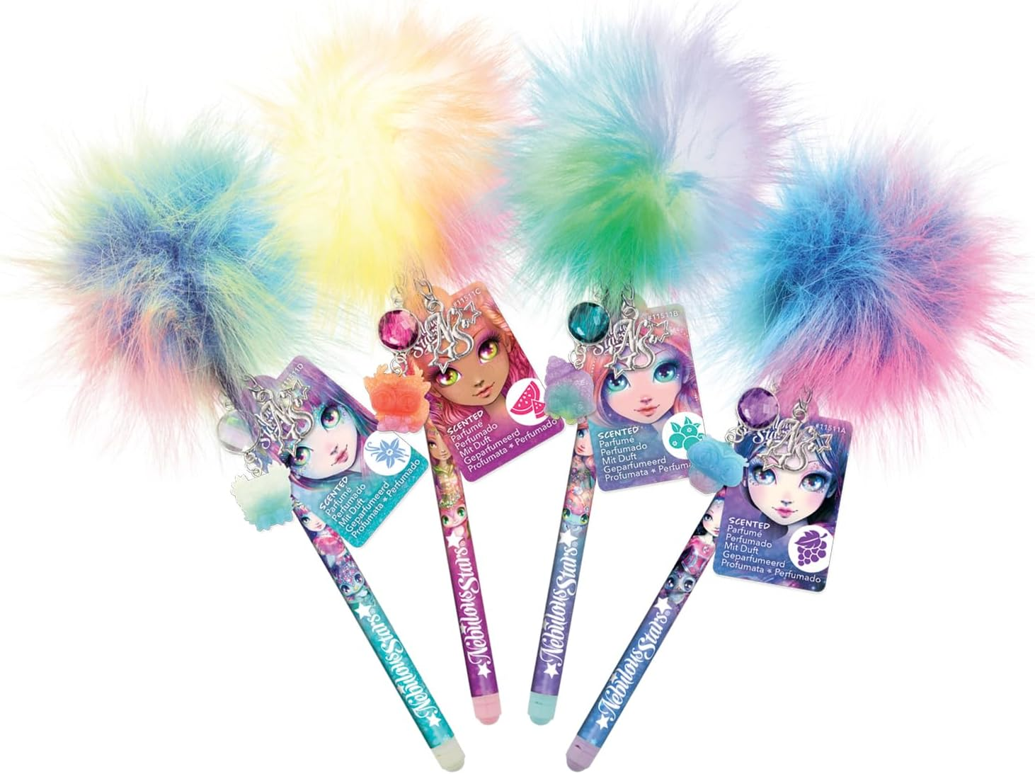 Nebulous Stars Scented Pom Pom Pen Set - Assorted Ballpoint Pens with Rainbow Pom Poms, Charms & Scented Ink, Fun, Colourful School Supplies for Kids image number 4