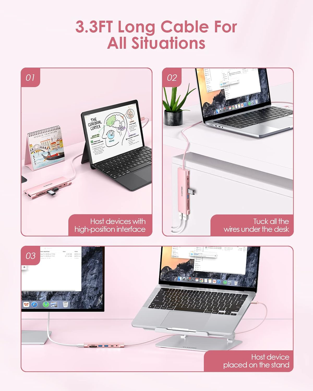 LENTION 3.3FT Long Cable USB C Hub with 4K HDMI, 2 USB 3.0, Card Reader, Aux, Type C Data/Charging Compatible 2025-2016 Macbook Pro, Mac Air/Surface, More, Stable Driver Adapter (CB-C37, Rose Gold) image number 2