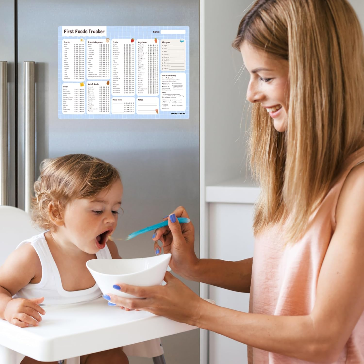 Solid Steps Baby First Foods & Allergens A3 Fridge Magnet &ndash; Whiteboard Tracker, Weaning Chart, Daily Food Log & Checklist &ndash; 130+ Solid Foods & Top 9 Allergens image number 5