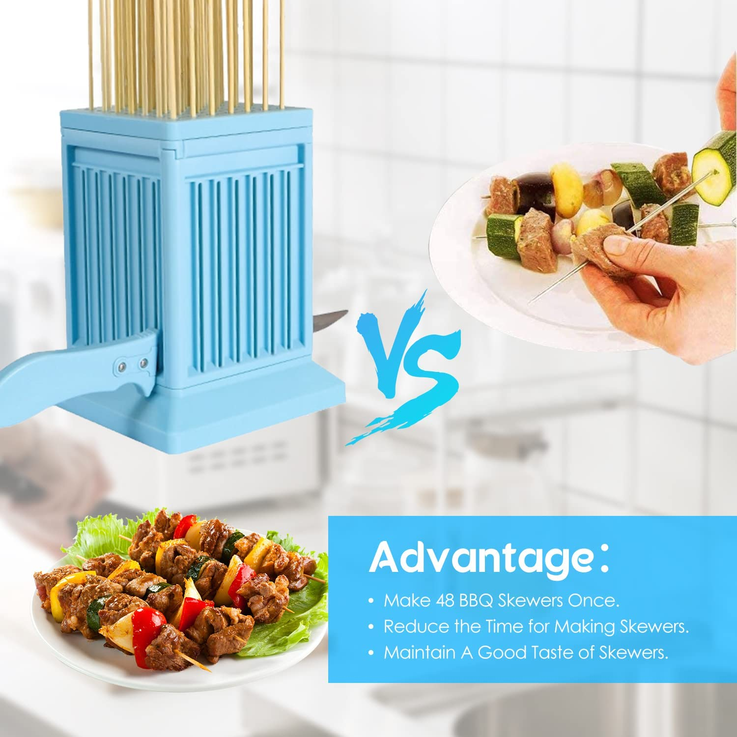 Hapivida 49 Holes Barbecue Skewers Maker, Kebab Making Box Grill Meat Slicers BBQ Skewer Tool, Brochette Maker Kit for Kitchen Outdoor Blue image number 4