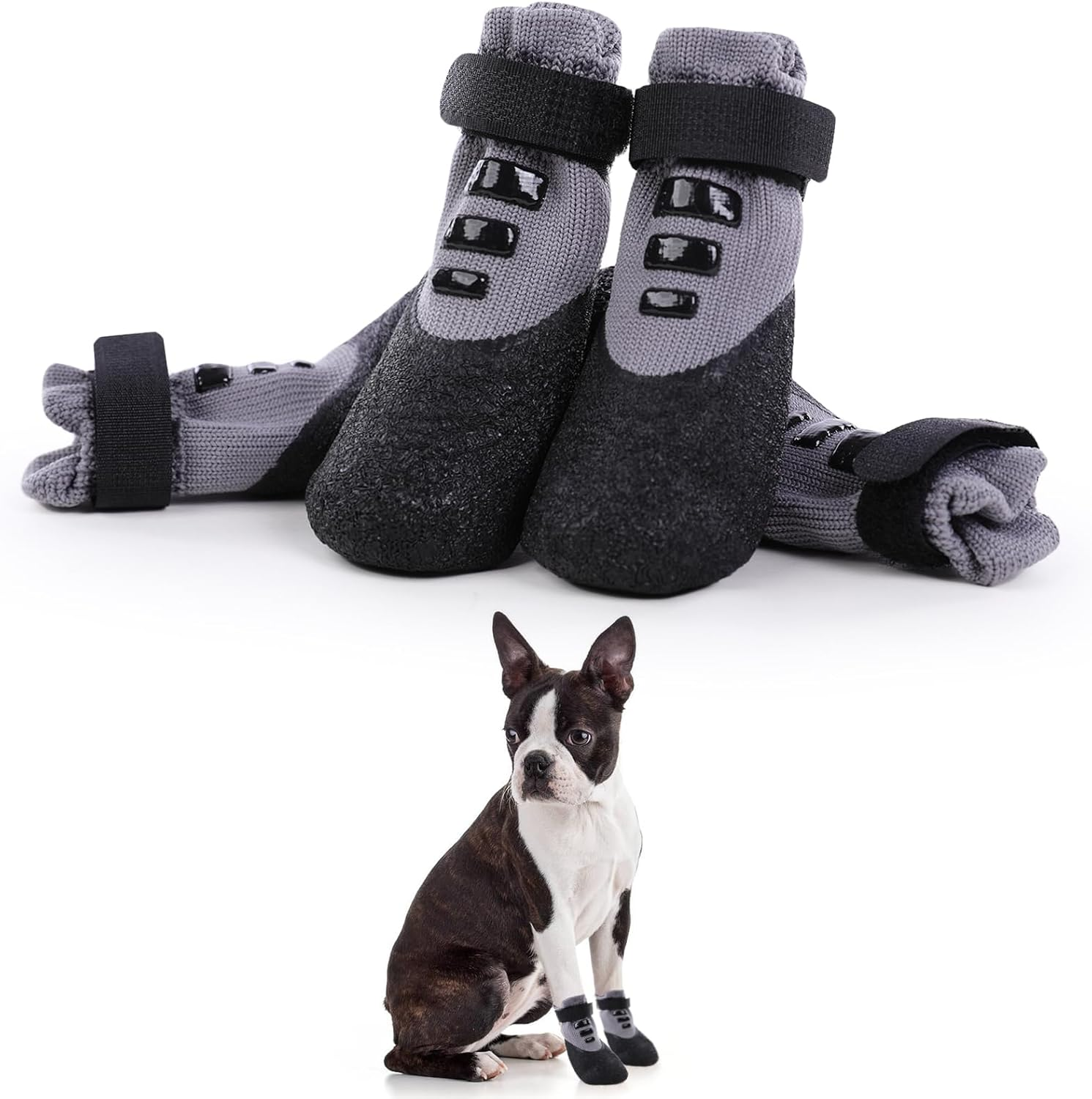 PUMYPOREITY Pack of 4 Dog Socks, Waterproof, Dog Shoes, Non-Slip Paw Protection, Stretchy Socks, Outdoor Dog Shoes, Waterproof Non-Slip Socks for Dogs (Grey, XL) image number 6