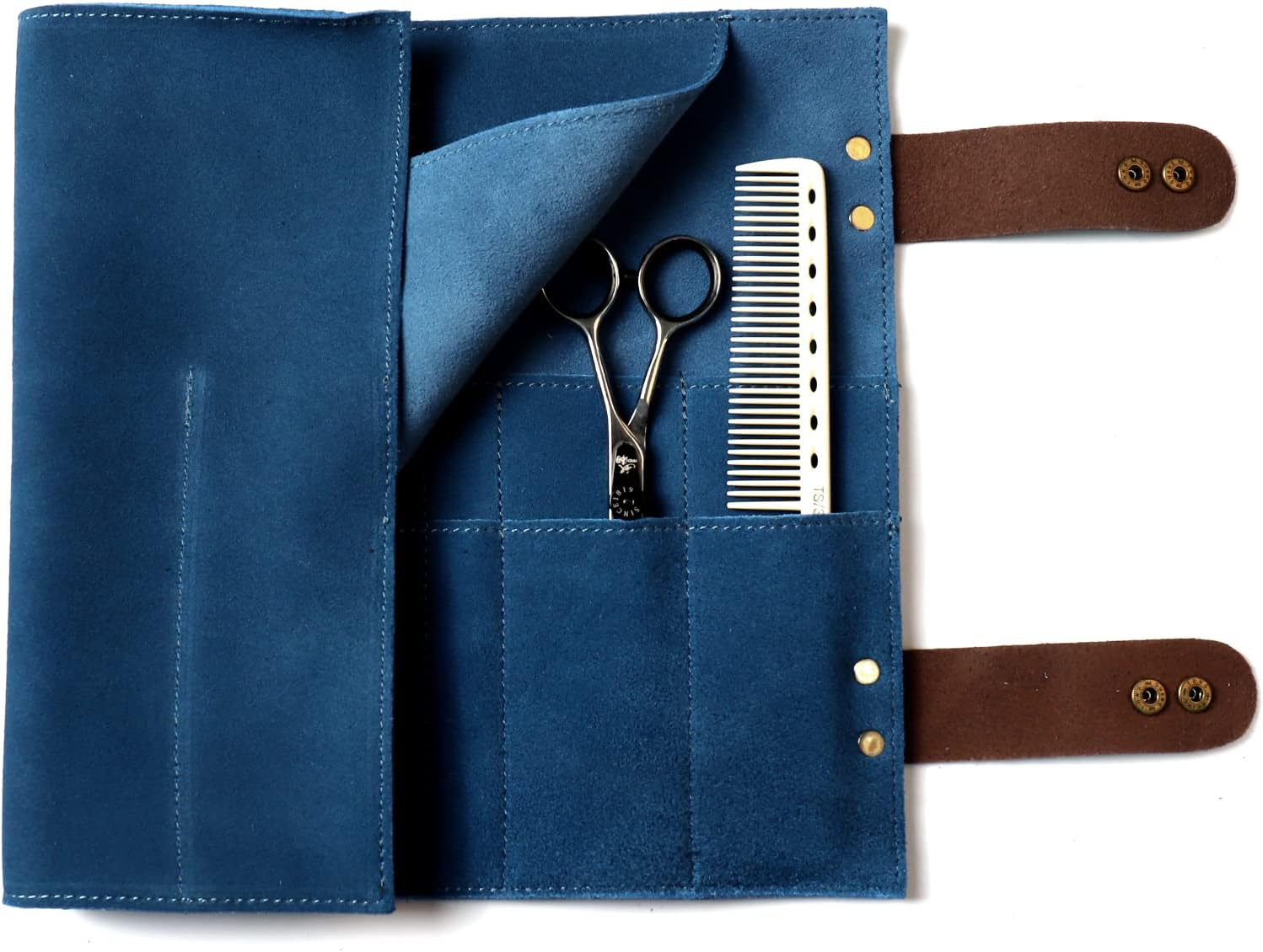 Salon Scissors Bag Roll Up, 12 Pockets Genuine Leather Stylist Grooming Scissors Holder Barber Hair Scissor Shears Cases for Hairdressers (Hj-Zp011-Blue) image number 2