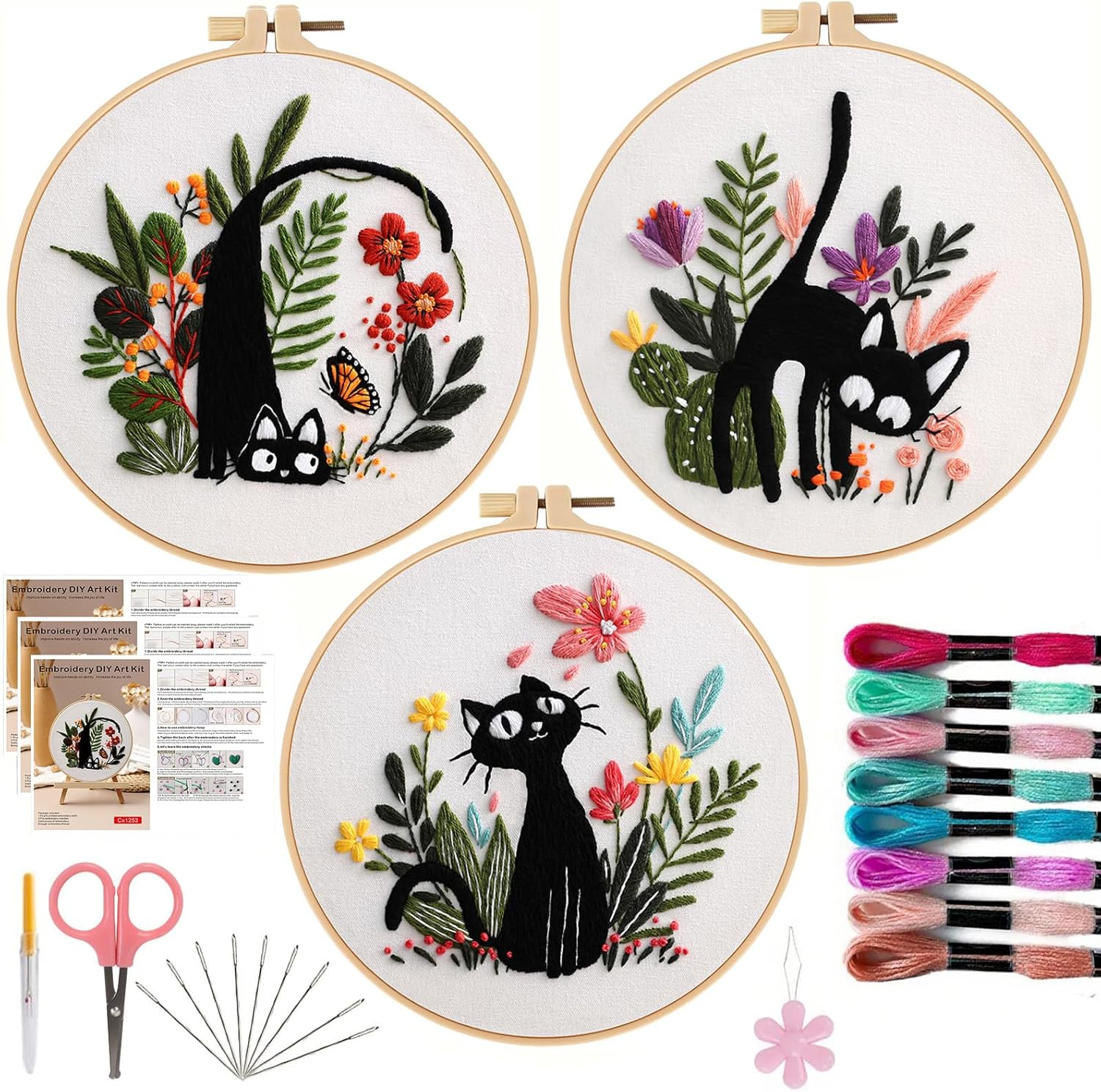 Offizon 3 PCS Embroidery Kit for Beginners - Floral Embroidery Accessories & Hoop Included, Hand Embroidery Kit for Adults Stitching Sewing Kit Gift | Flowera Patterns