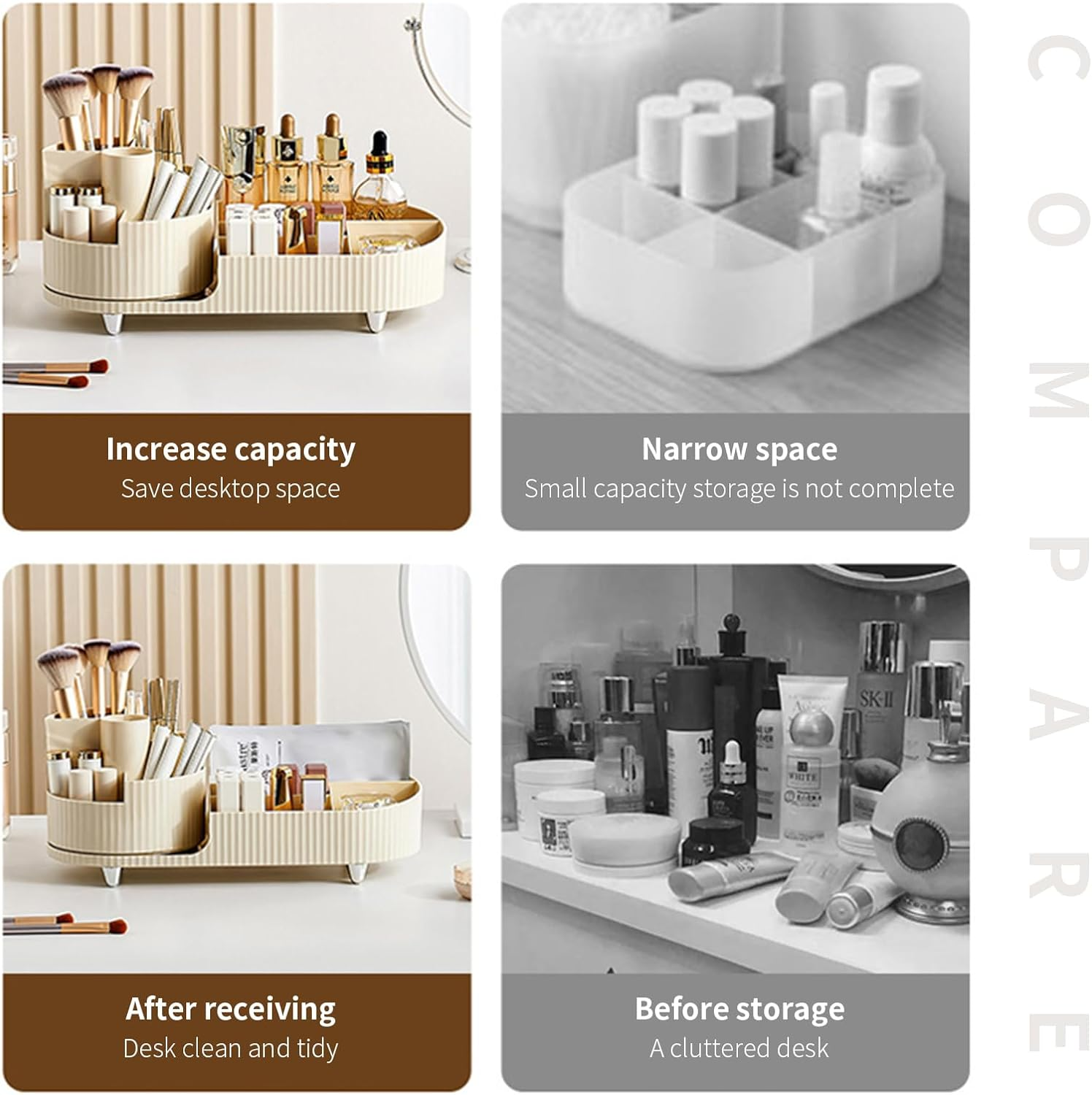 Rotating Makeup Organizer Large Capacity Cosmetic Organiser Desk Dresser and Bathroom Organizer Cosmetics Display Case for Lipsticks,Skincare,Brushes,Nail Care, Jewelry(Creamy White) image number 4