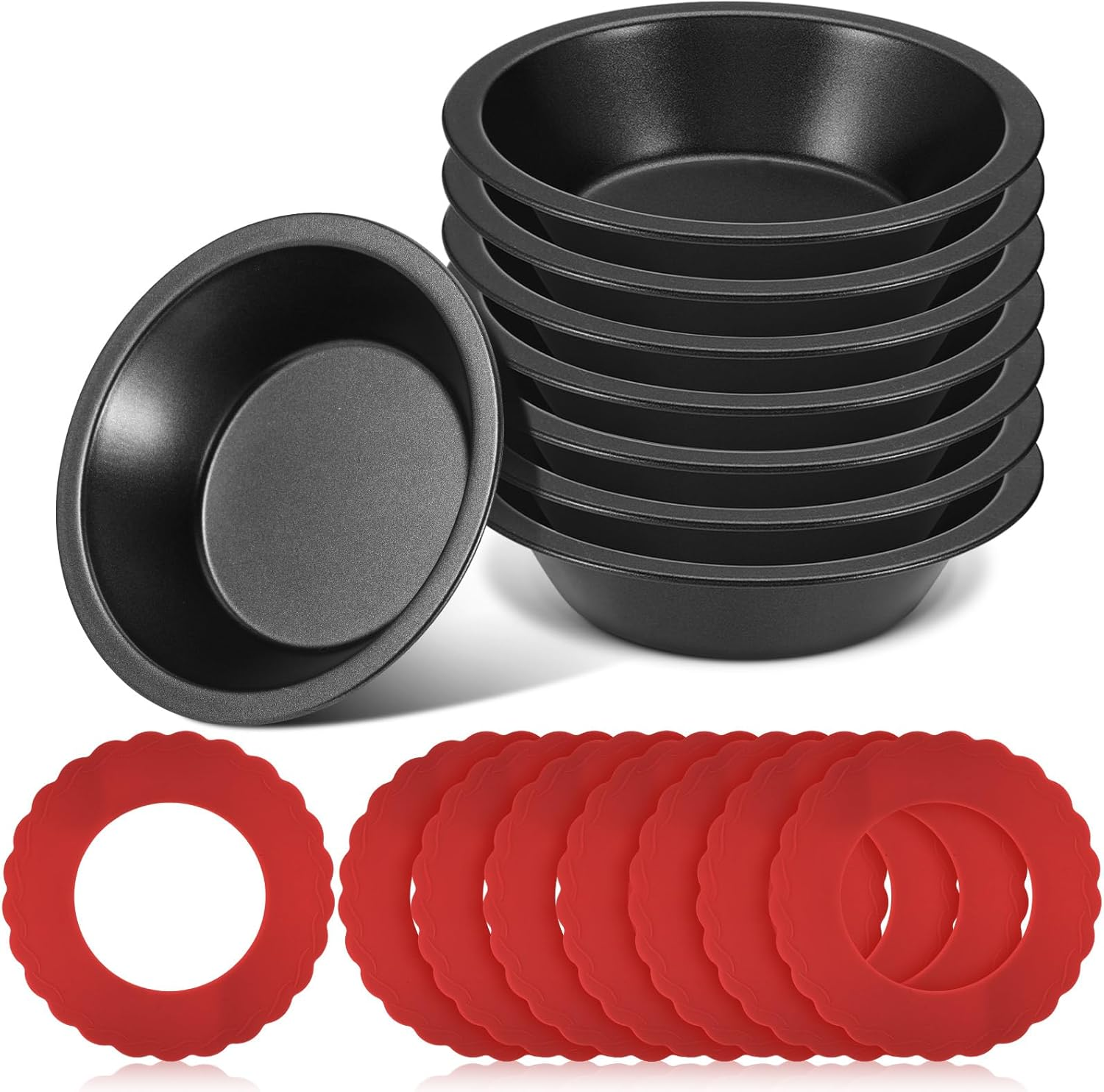 Pie Dish Set Including Mini Pie Pans Nonstick 5 Inch Metal Bakeware and Silicone Crust Protector 3.5-6.4 Inch Kitchen Baking Cover to Protect Edge from Burning, Red(16 Pcs)