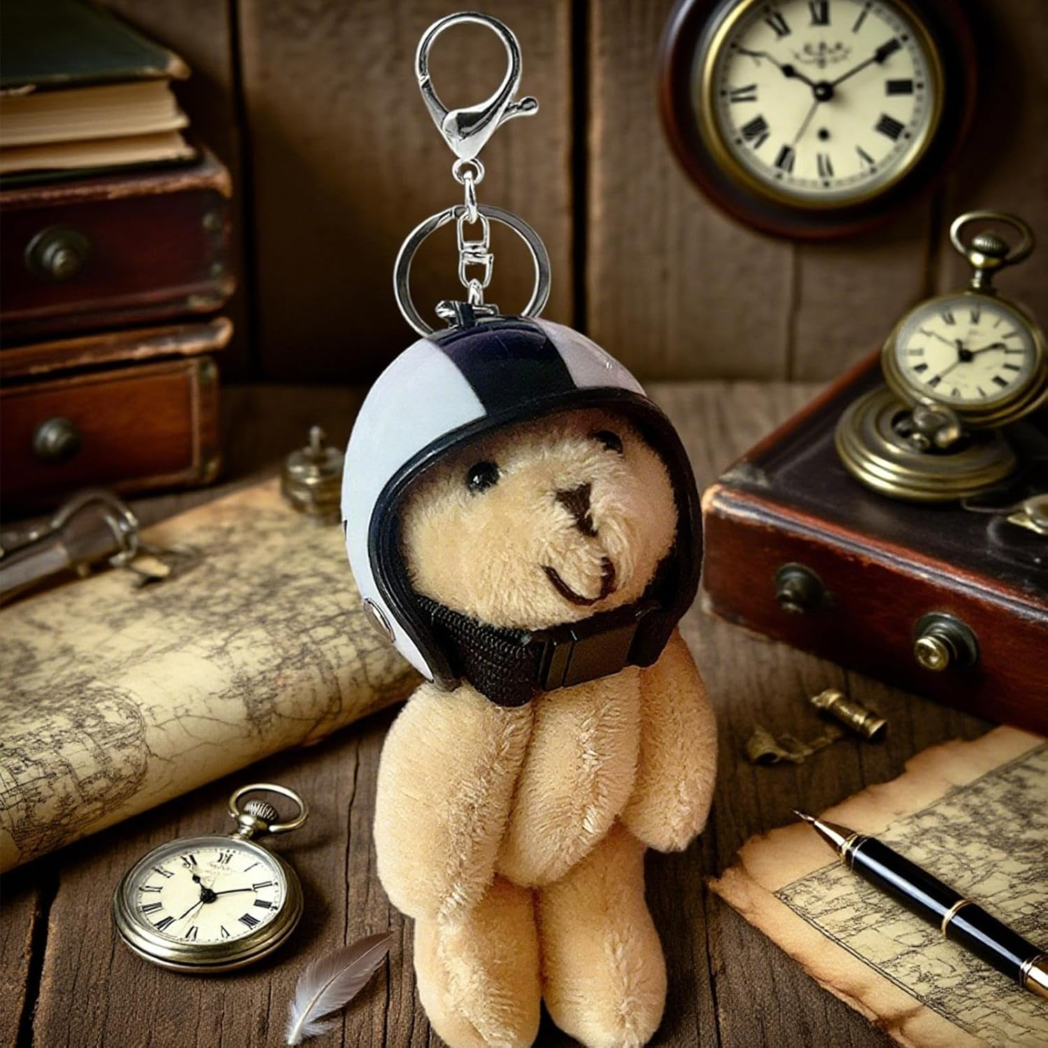 Qkbuza Cute Bear Keyring, Plush Bear Bag Charm with Helmet | Decorative Pendant, Animal Ring for Women Decoration Bag Travel Bag Wallet - Black / White image number 5