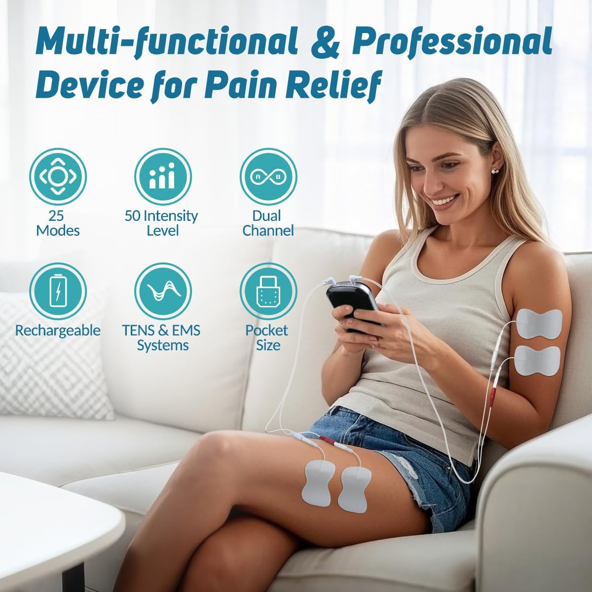 Auxoliev Rechargeable TENS Machine,Ems Muscle Stimulator for Natural Pain Relief with 25 Modes,Tga Cleared Tens Unit with Replacement Pads (Black) image number 6