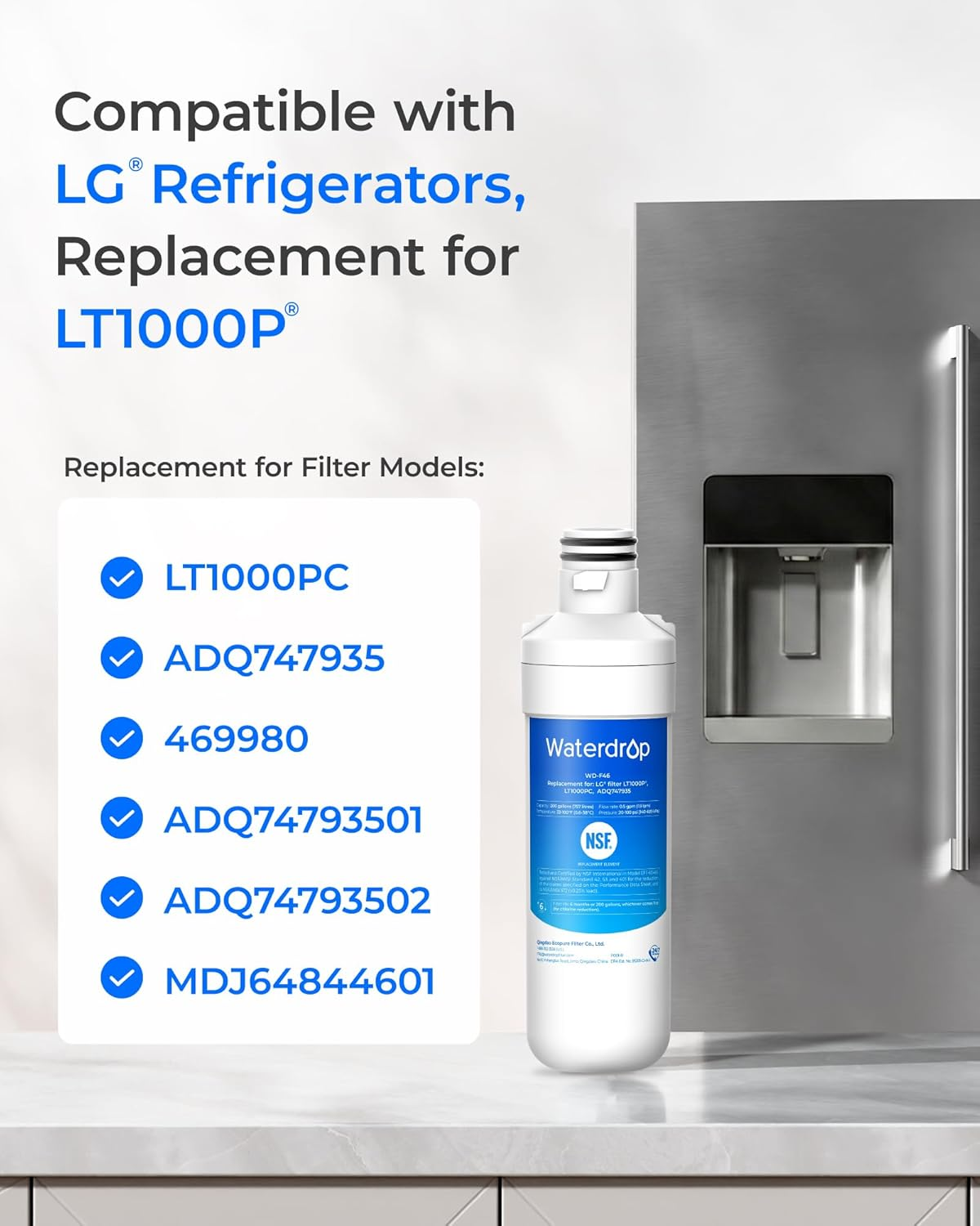 Waterdrop LT1000P Replacement for LG Fridge Water Filter LT1000P, Compatible with LG LT1000PC, LT-1000PC, MDJ64844601 Water Filter Cartridge, 2 Pack image number 2