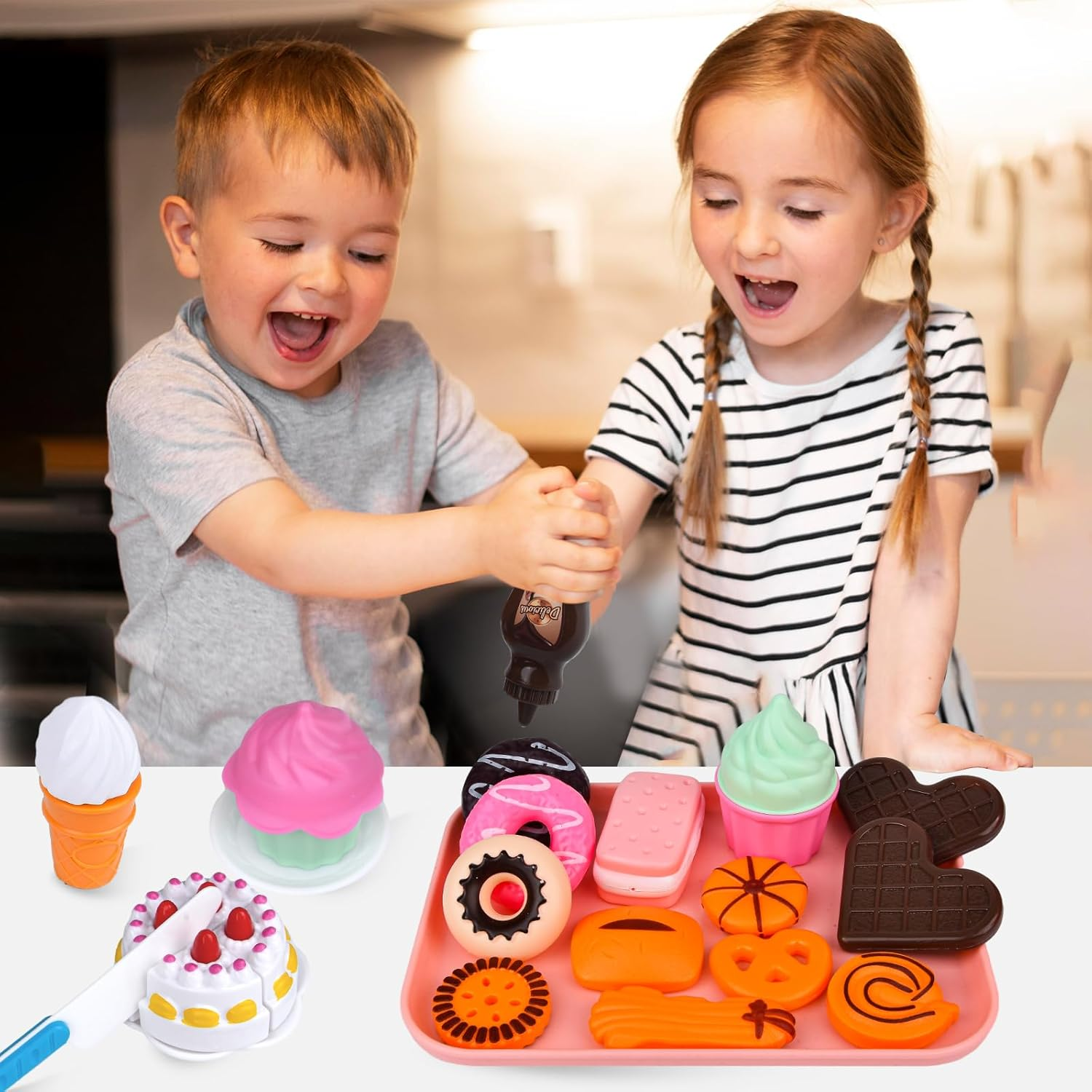 Pretend Food Set for Kids, 21PCS Dessert Toys with Cake, Ice Cream, Cookies & More, Perfect for Toddler Girls Aged 3 and Above image number 6