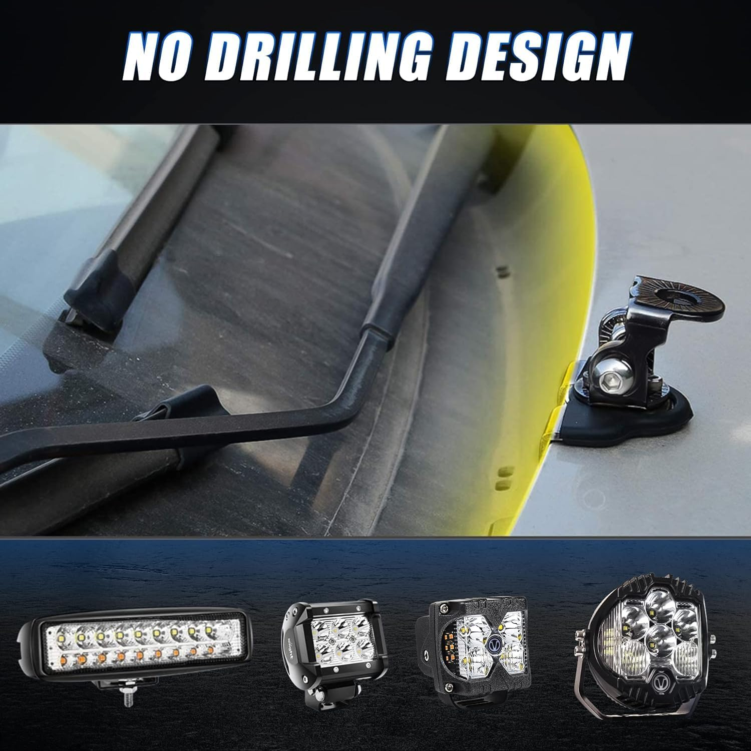 LED Light Mounting Brackets Black No Drilling 304 Stainless Steel Adjustable Pillar Hood Light Mount Bracket Clamp Holder for Jeep off Road Vehicle Trucks SUV 2Pack image number 2