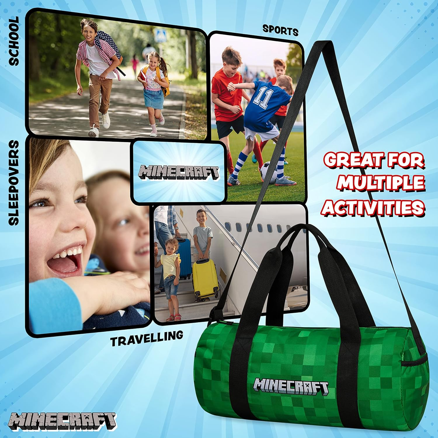 Minecraft Gym Bag for Kids Teens Travel Overnight Sports Duffle Bag Adjustable Strap Kit Bag Large Holdall Gamer Hand Luggage Bag, Green, 41X19X18Cm, Duffle Bag image number 5