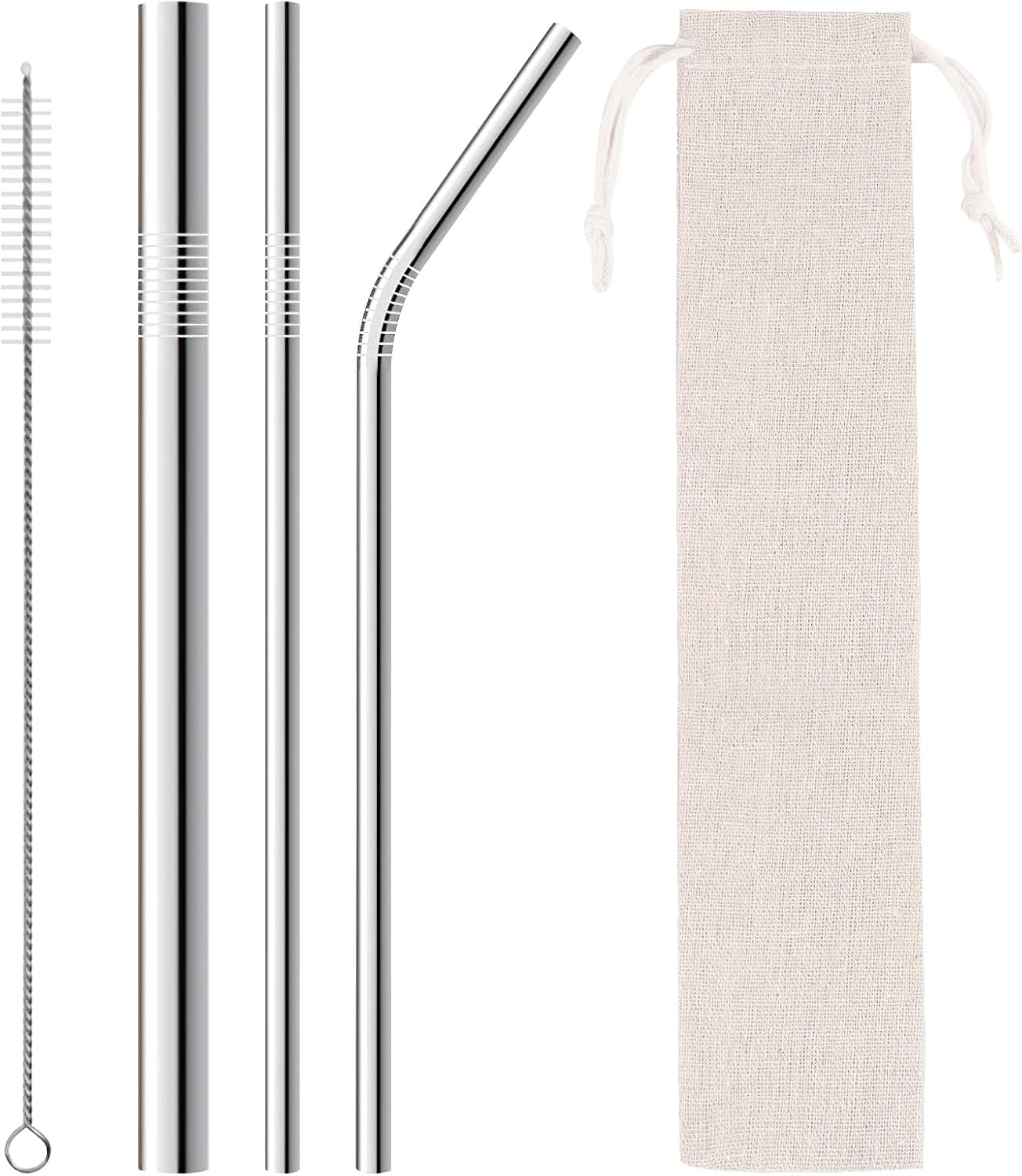 Ozgrove Reusable Metal Straws Set, 304 Stainless Steel 1 Straight 1 Bent & Thick Boba Straw with Cleaning Brushes & Cloth-Container, Anti-Wrinkle Drinking Cup Accessories for Smoothie Bubbling Tea image number 4