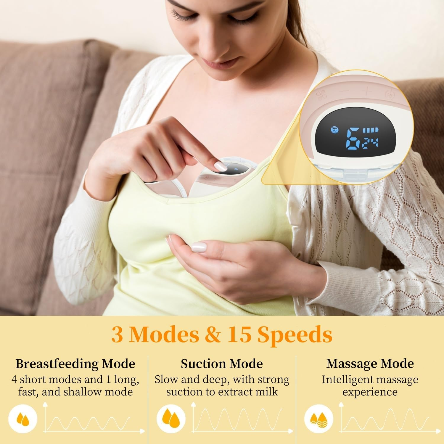 Wearable Electric Breast Pump with Carrying Bag, Hands-Free Breast Pump with 3 Modes & 15 Suction Levels, Portable Electric Breastfeeding Pump Low Noise LED Display 18/20/22/24MM Flanges - 2 Pack image number 4