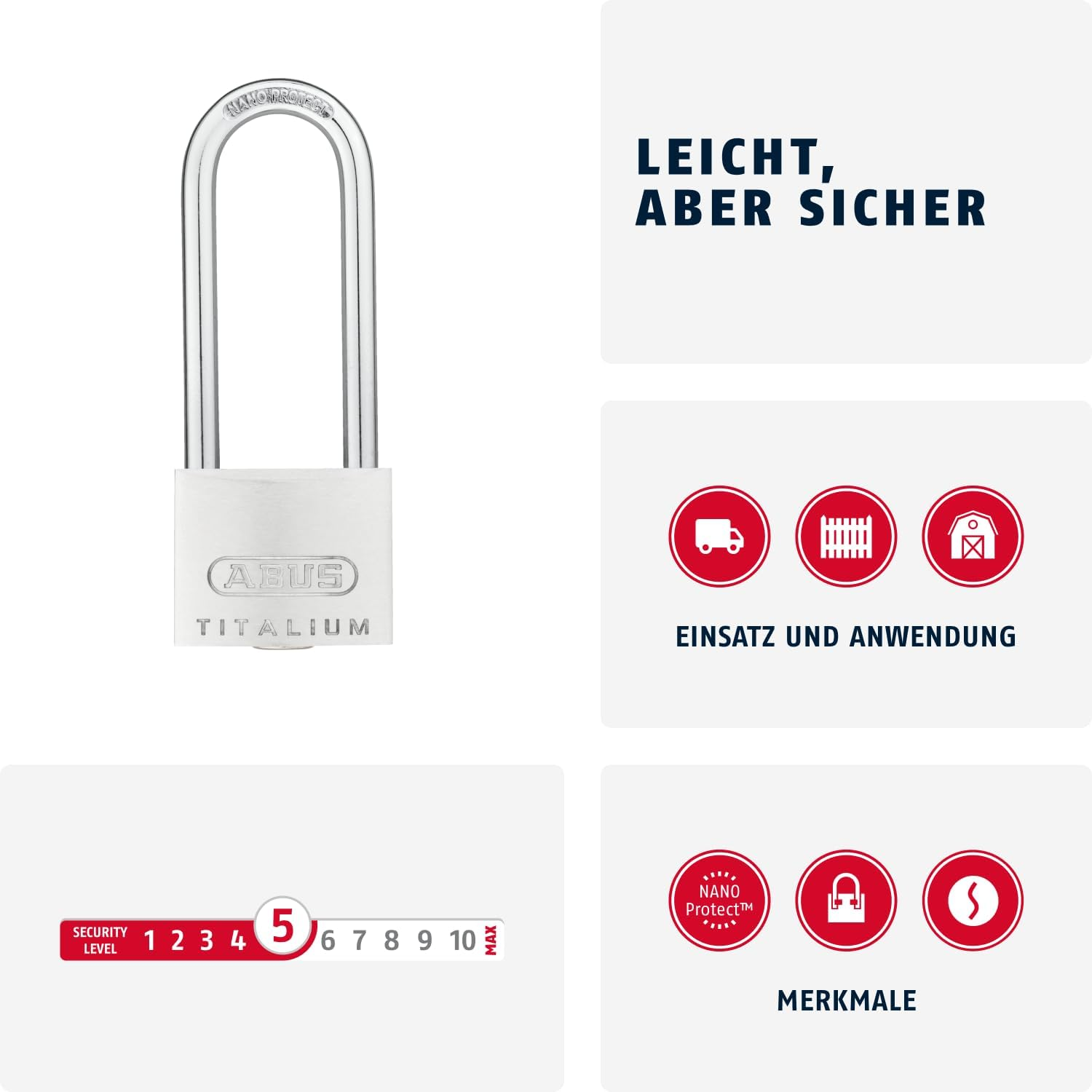 ABUS Titalium 64TI/40HB63 Gl.-6411 Padlock - Keyed Alike and with High Shackle - Basement Lock with Special Aluminium Lock Body - ABUS Security Level 5 image number 2