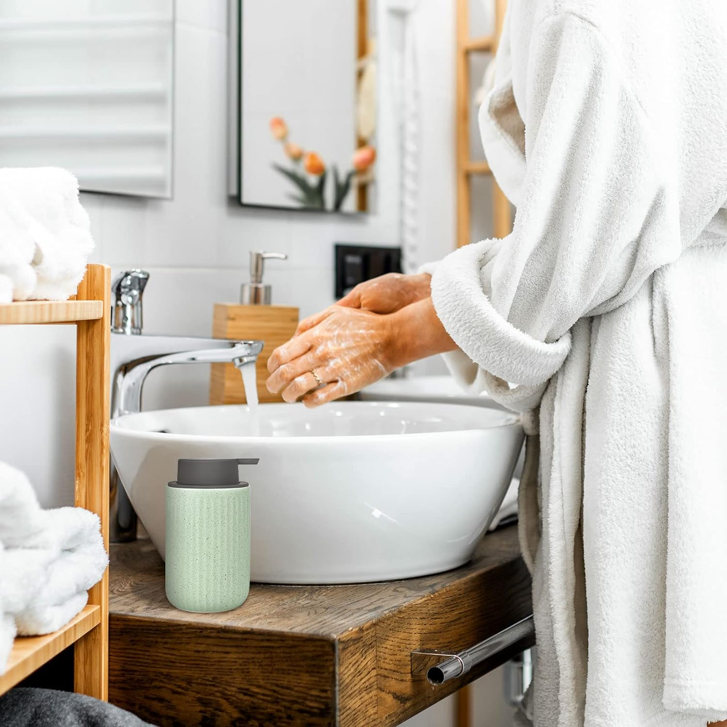 Foam Dispenser - Hand Pump Dispenser Beige Foaming Soap Dispenser Ceramic Dish Liquid Dispenser for Kitchen Bathroom Hand Wash Bottle (13.5Oz/400Ml Light Green)